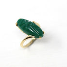 Vintage Scarab Ring - Retro 14k Yellow Gold Oval Carved Green Glass Stone - Circa 1960s Era Size 4 Egyptian Revival Style Fine 60s Jewelry