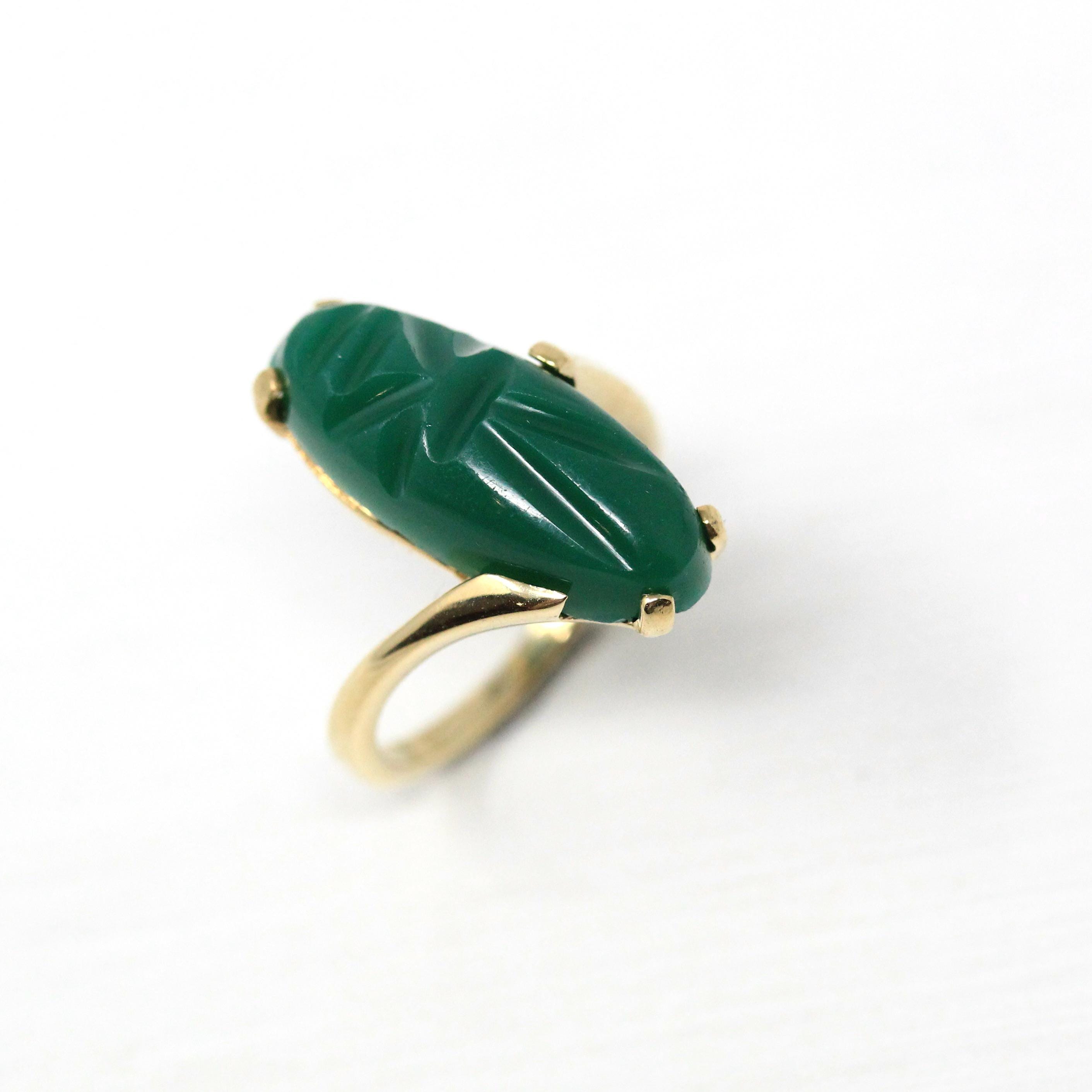 Vintage Scarab Ring - Retro 14k Yellow Gold Oval Carved Green Glass Stone - Circa 1960s Era Size 4 Egyptian Revival Style Fine 60s Jewelry