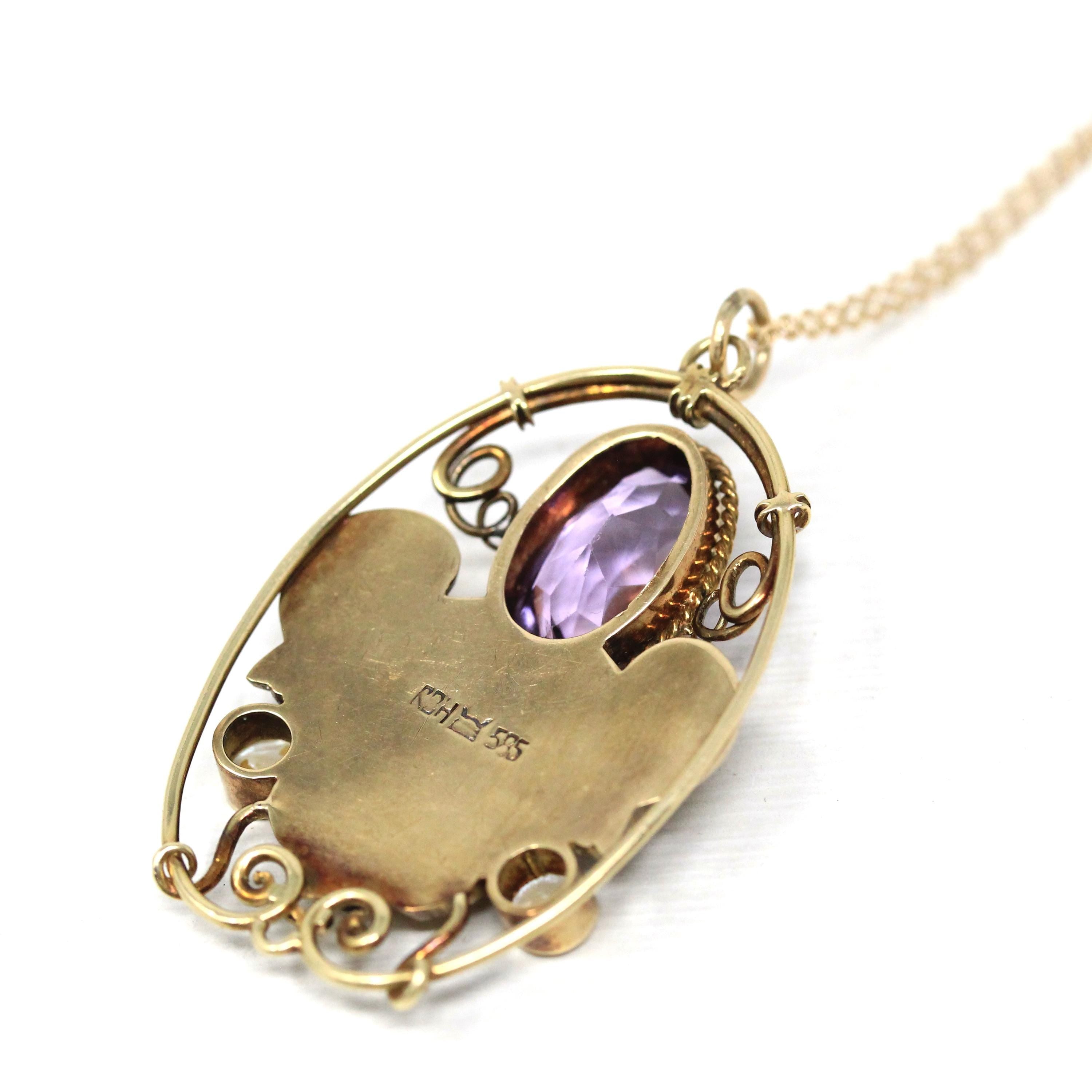 Genuine Amethyst Necklace - Victorian 14k Yellow Gold Cultured Pearls Grape Pendant - Antique Circa 1890s Era Fashion Accessory Fine Jewelry