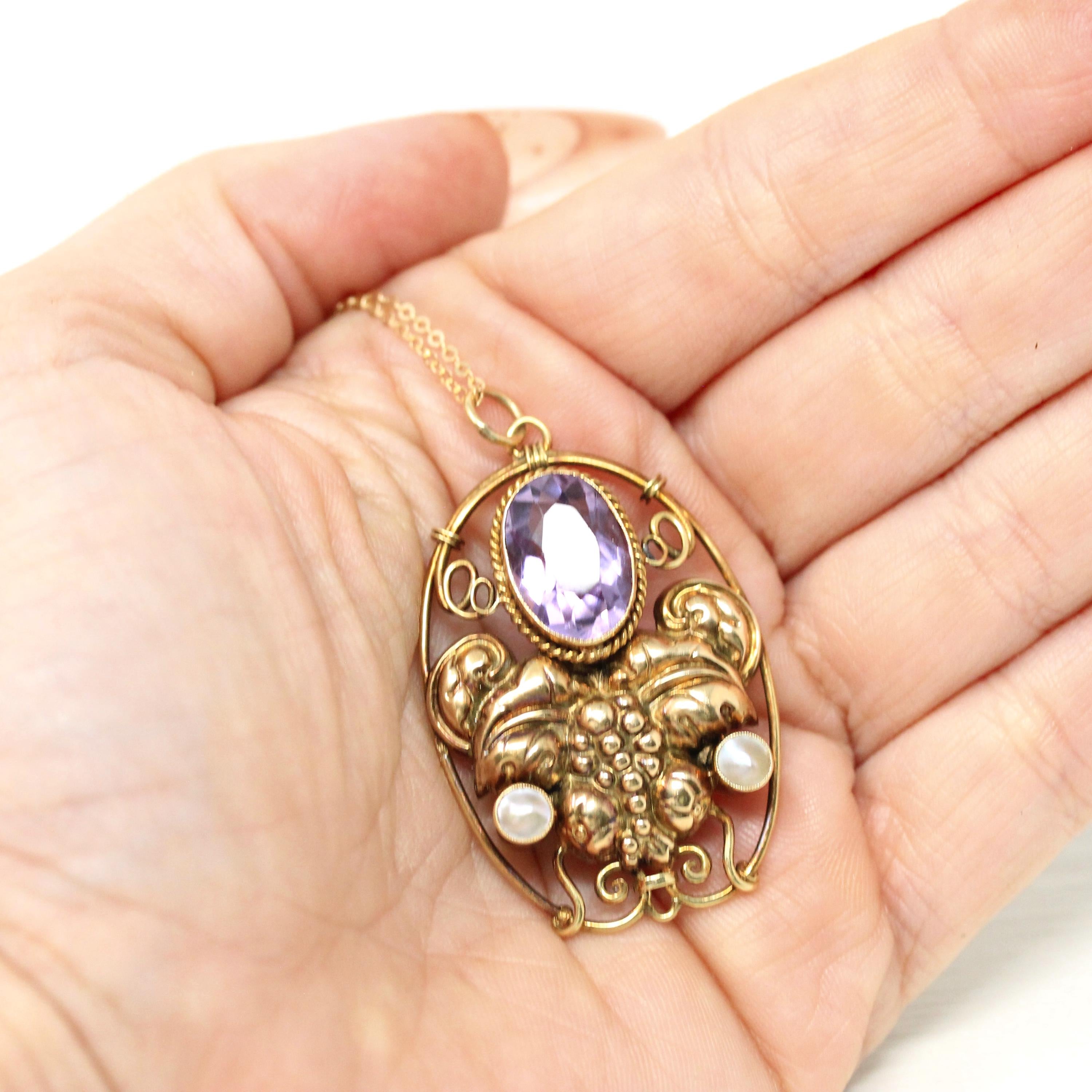 Genuine Amethyst Necklace - Victorian 14k Yellow Gold Cultured Pearls Grape Pendant - Antique Circa 1890s Era Fashion Accessory Fine Jewelry