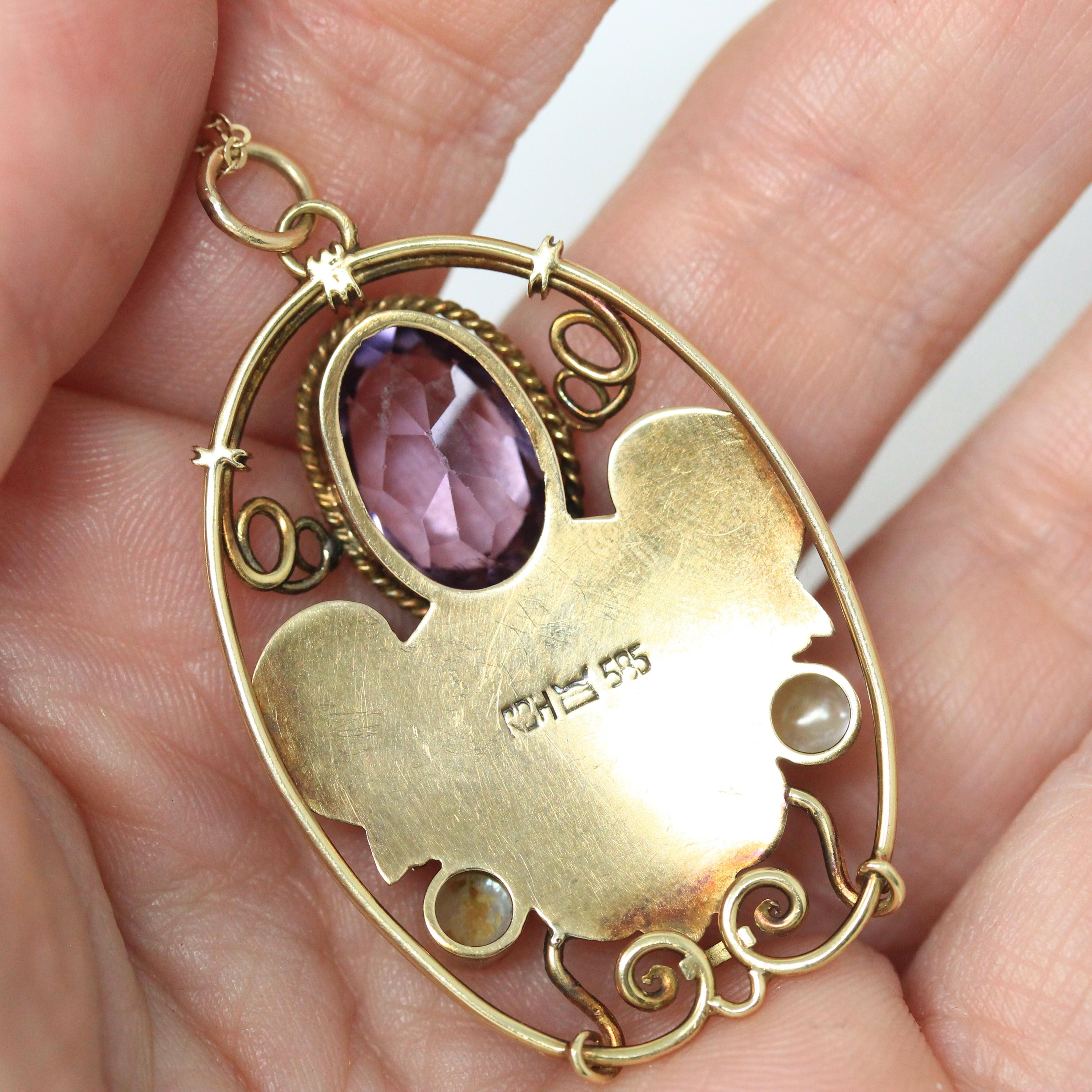 Genuine Amethyst Necklace - Victorian 14k Yellow Gold Cultured Pearls Grape Pendant - Antique Circa 1890s Era Fashion Accessory Fine Jewelry