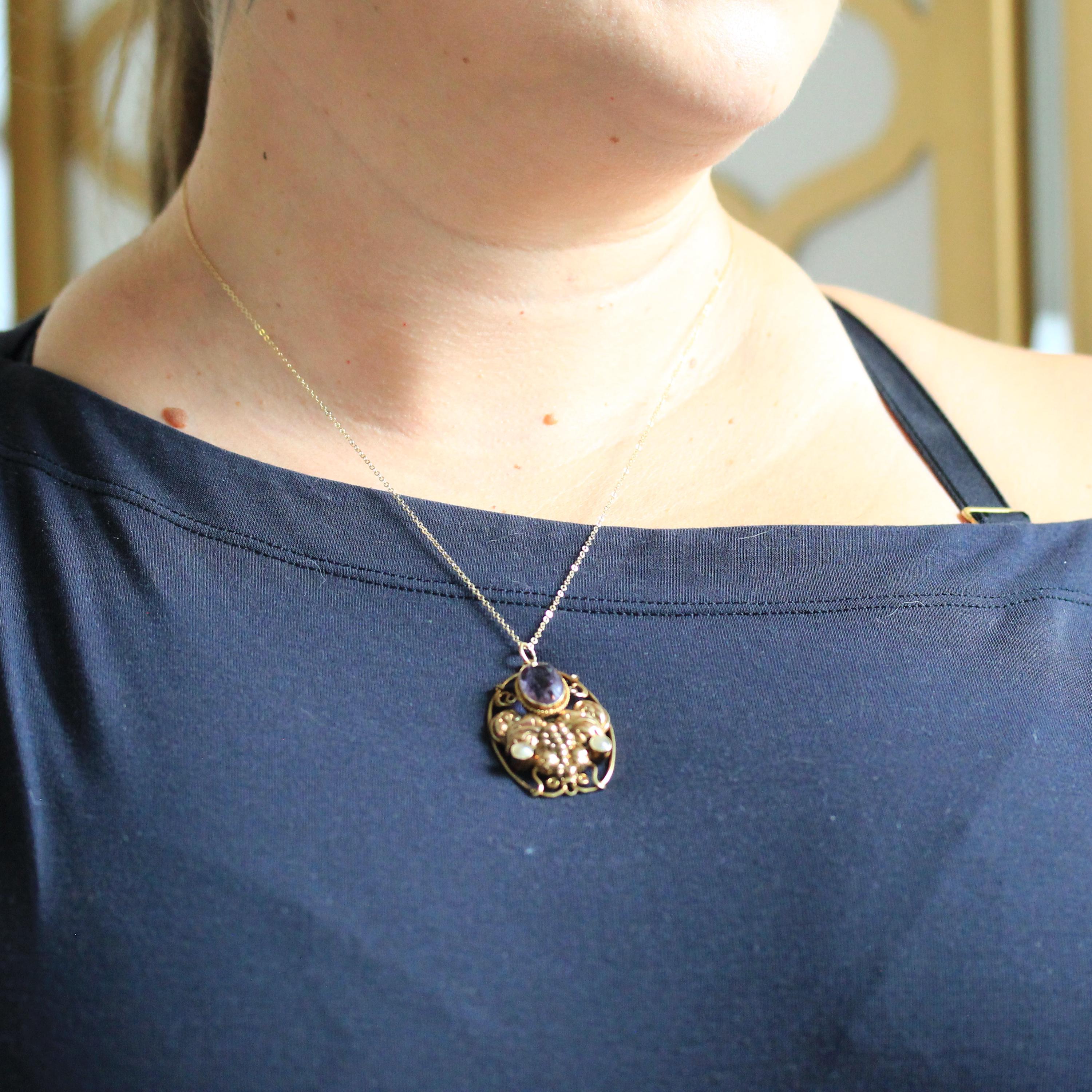 Genuine Amethyst Necklace - Victorian 14k Yellow Gold Cultured Pearls Grape Pendant - Antique Circa 1890s Era Fashion Accessory Fine Jewelry