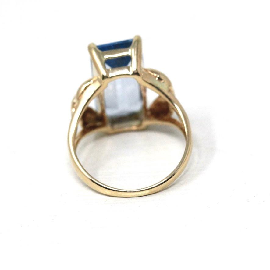 Retro Created Spinel Ring - Vintage 14k Yellow Gold Rectangular Emerald Cut Blue Gemstone - Circa 1960s Era Size 5 1/4 Leaf Fine 60s Jewelry