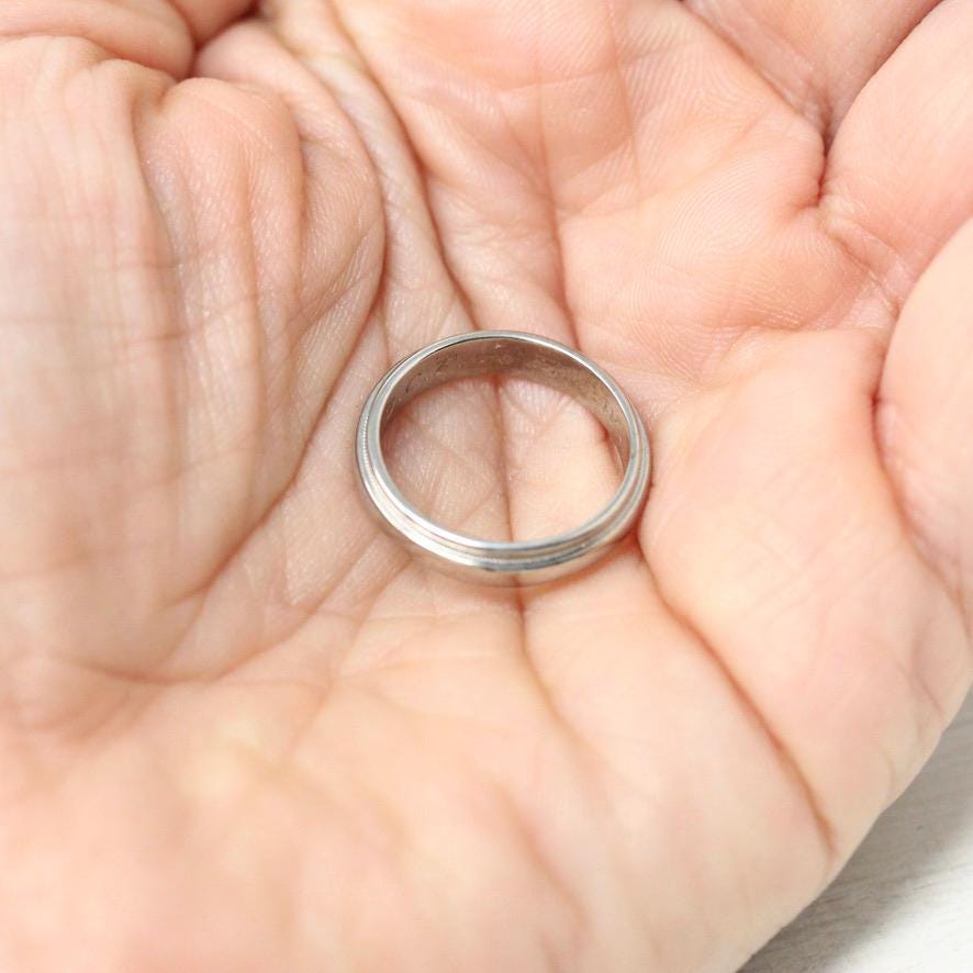 Vintage Wedding Band - Retro 14k White Gold Milgrain Grooved Men's Unisex Ring - Circa 1963 Era Size 4 1/2 Stacking 60s Fine Bridal Jewelry