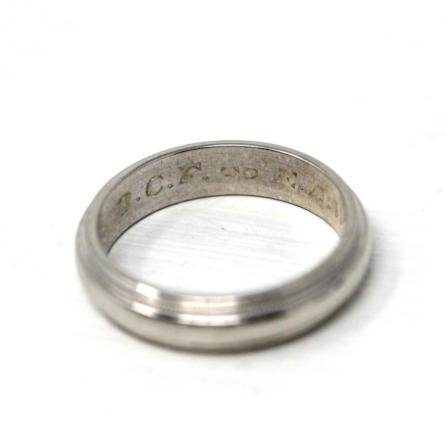 Vintage Wedding Band - Retro 14k White Gold Milgrain Grooved Men's Unisex Ring - Circa 1963 Era Size 4 1/2 Stacking 60s Fine Bridal Jewelry