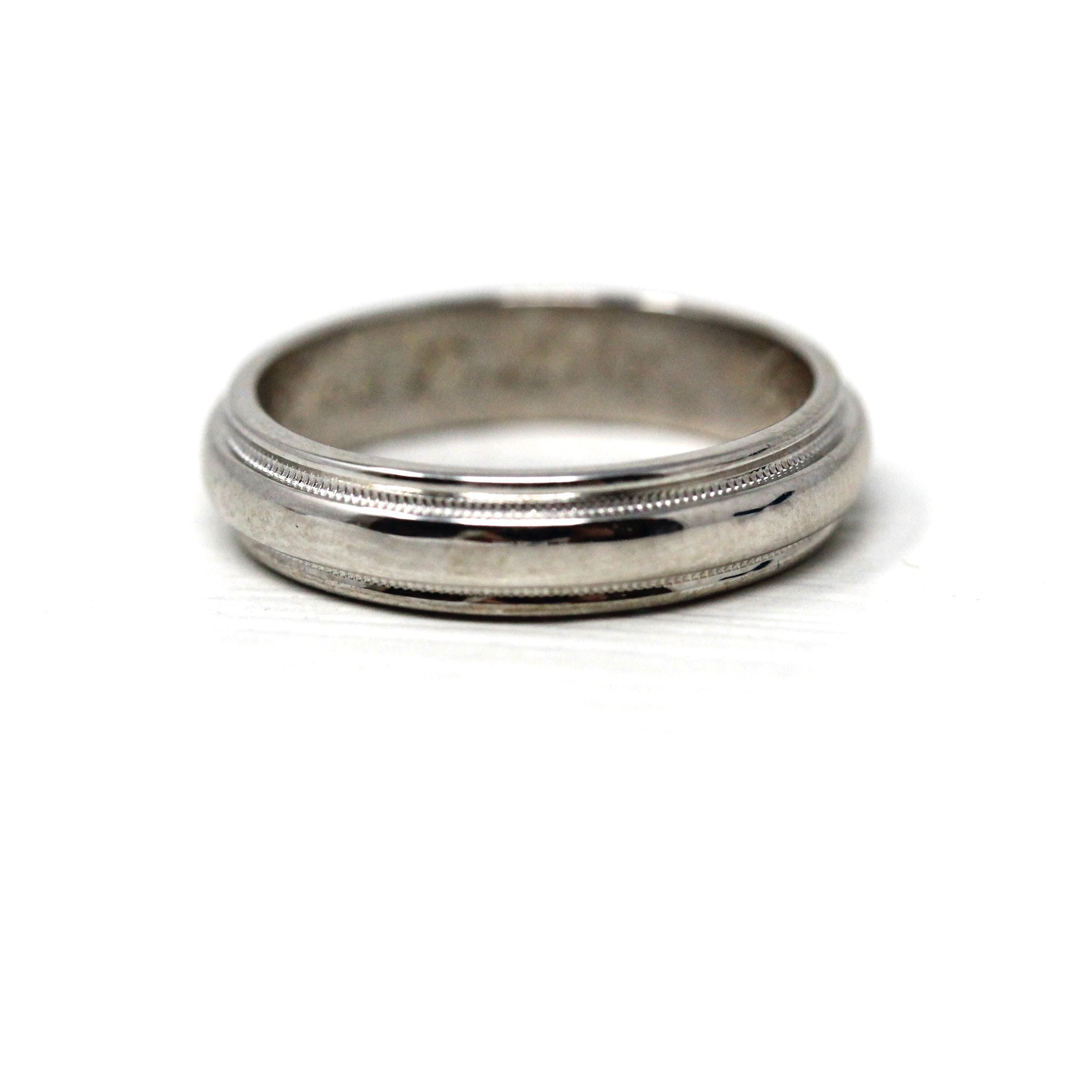 Vintage Wedding Band - Retro 14k White Gold Milgrain Grooved Men's Unisex Ring - Circa 1963 Era Size 4 1/2 Stacking 60s Fine Bridal Jewelry