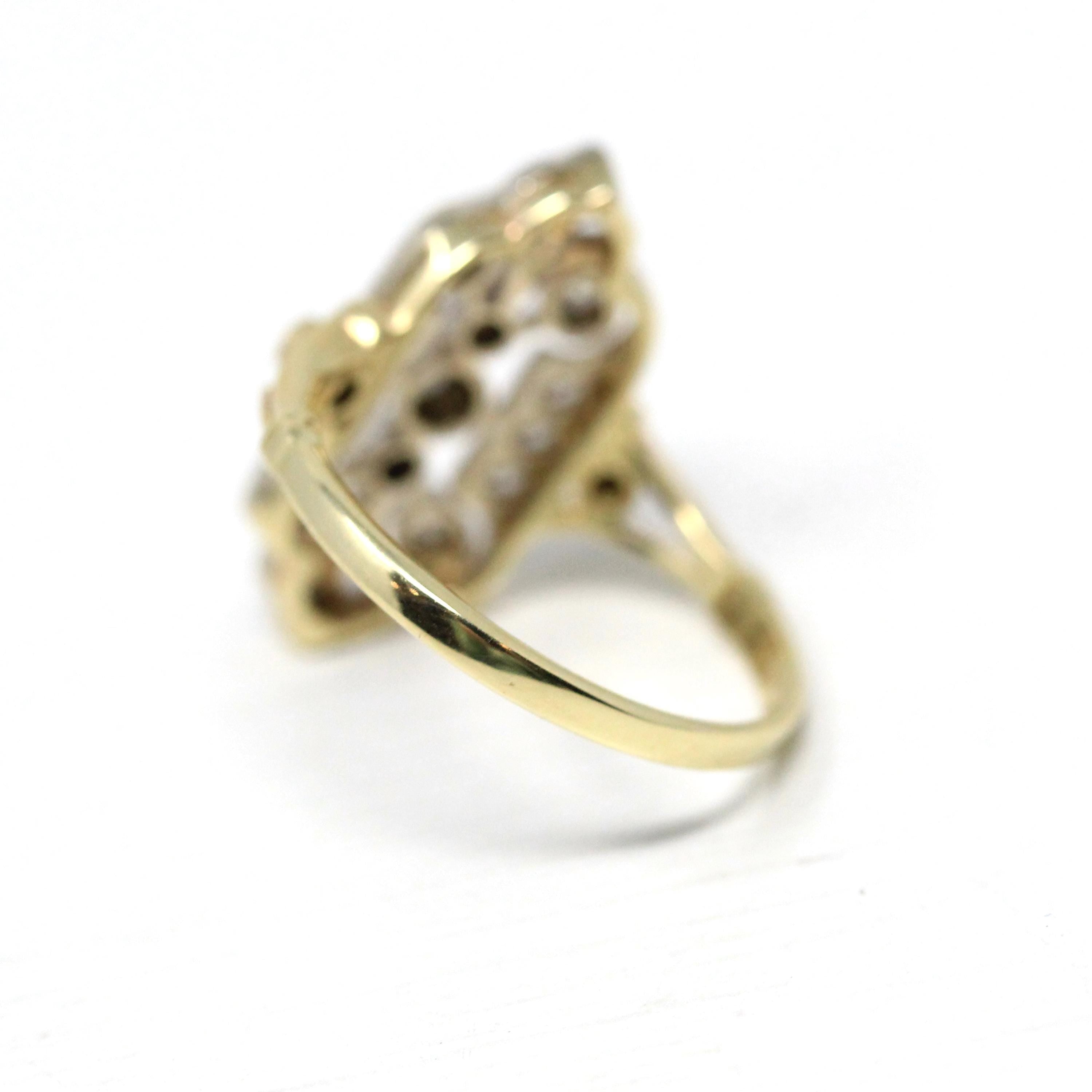 Diamond Shield Ring - Estate 14k Yellow & White Gold Genuine Gemstones Art Nouveau Style - Modern Size 8 Vintage Inspired Two Tone Jewelry