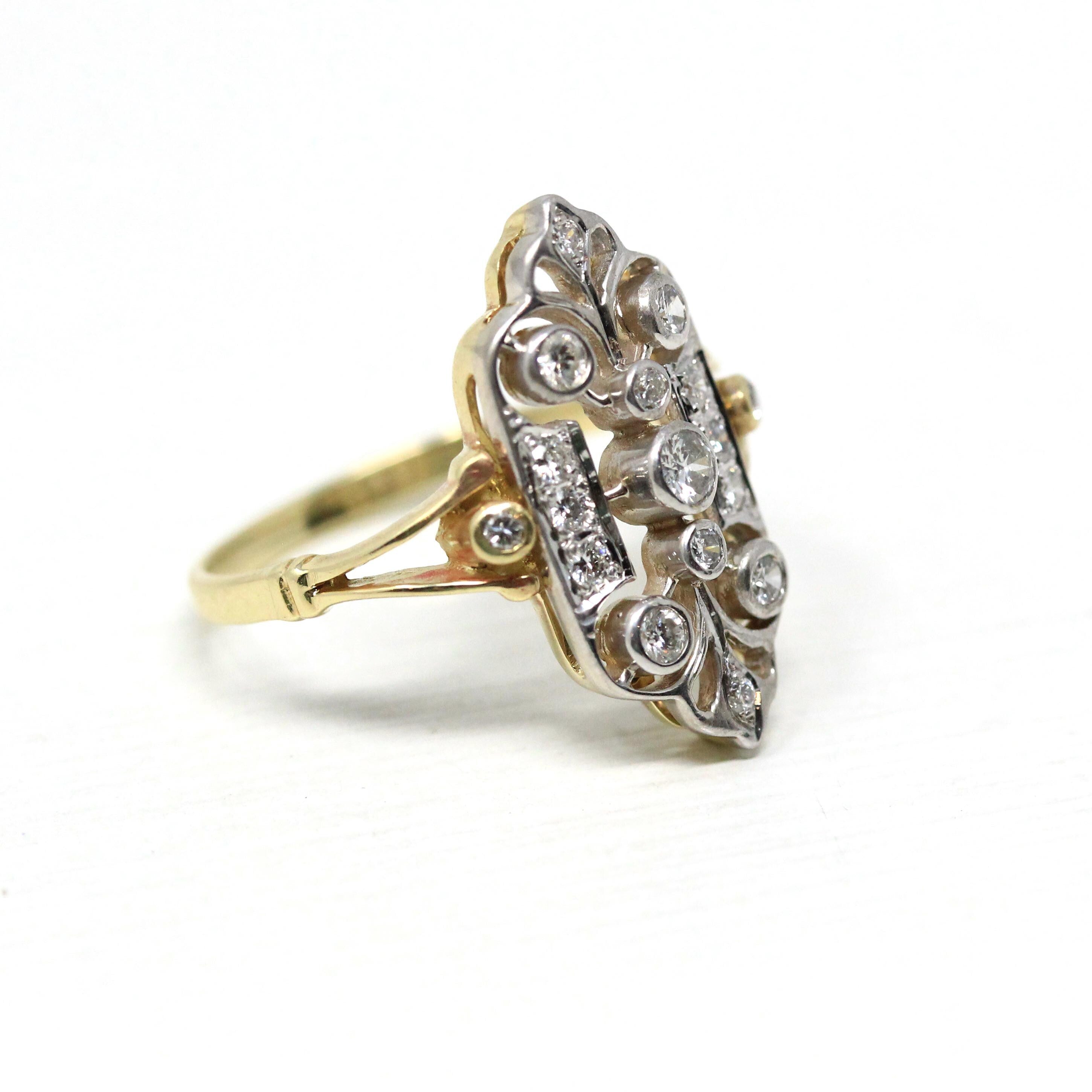 Diamond Shield Ring - Estate 14k Yellow & White Gold Genuine Gemstones Art Nouveau Style - Modern Size 8 Vintage Inspired Two Tone Jewelry