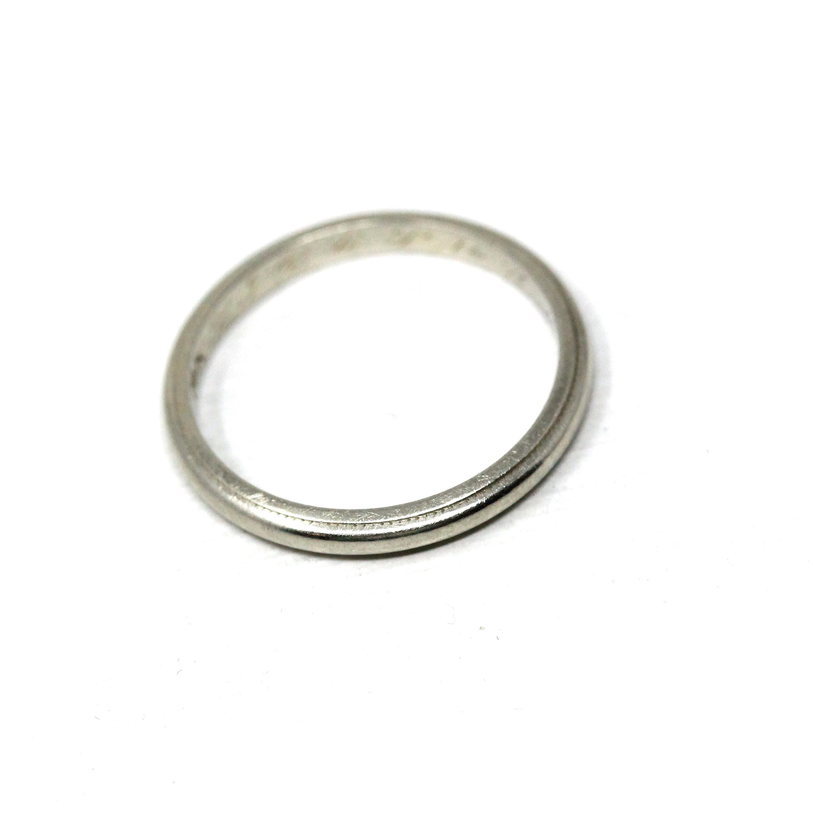 Vintage Wedding Band - Mid Century 14k White Gold Milgrain Plain Stacking Ring with Inscription - Circa late 40s Size 6 Bridal Fine Jewelry