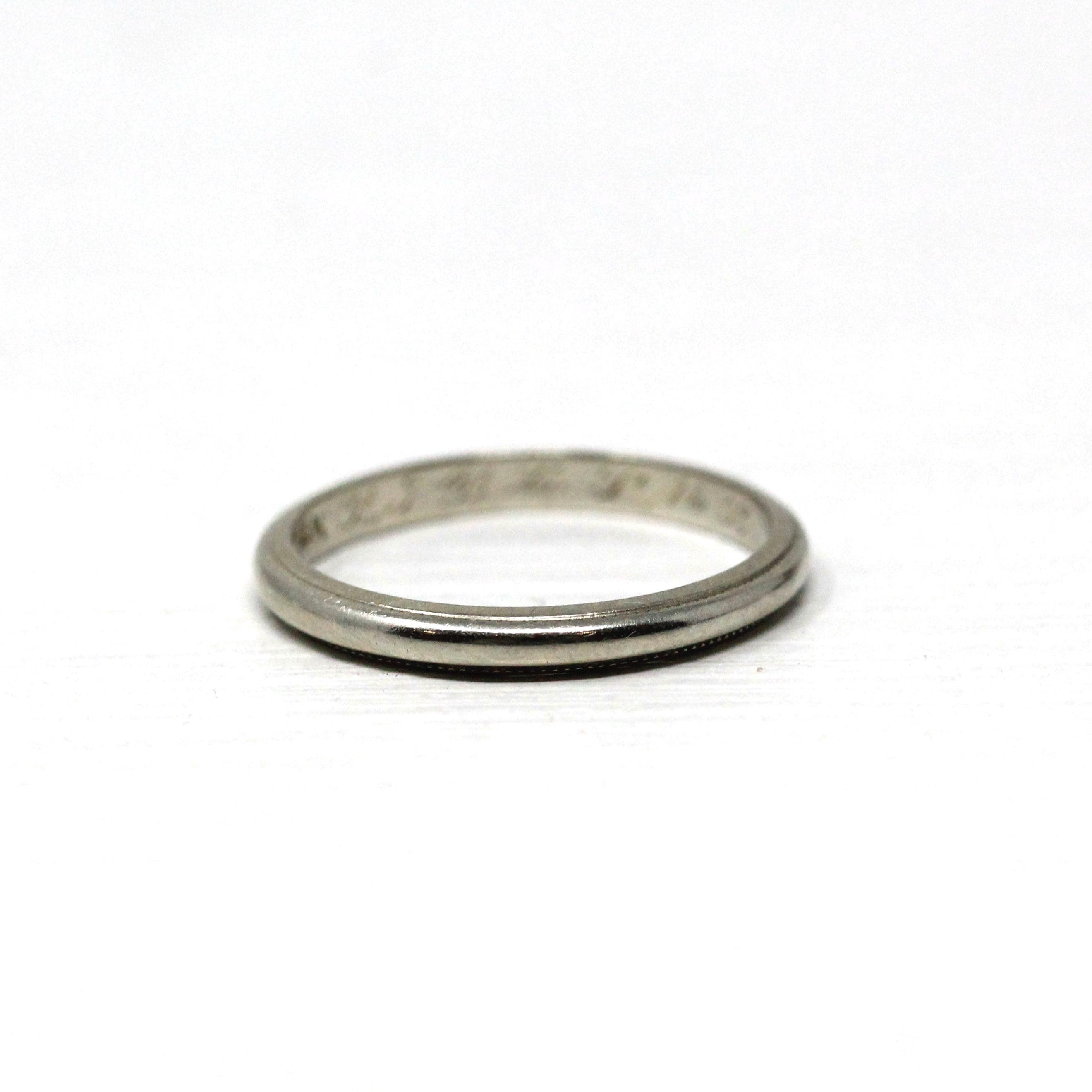 Vintage Wedding Band - Mid Century 14k White Gold Milgrain Plain Stacking Ring with Inscription - Circa late 40s Size 6 Bridal Fine Jewelry