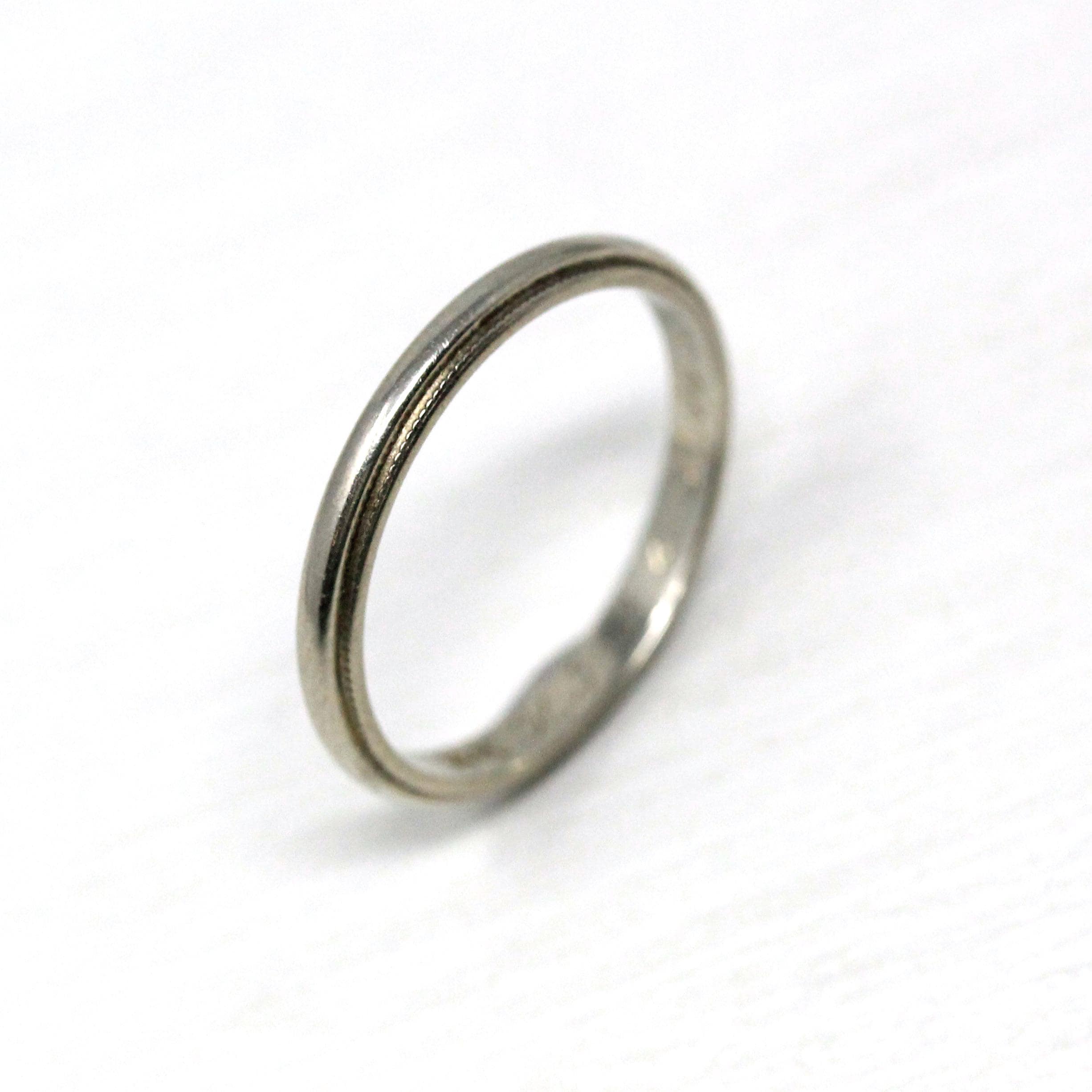 Vintage Wedding Band - Mid Century 14k White Gold Milgrain Plain Stacking Ring with Inscription - Circa late 40s Size 6 Bridal Fine Jewelry