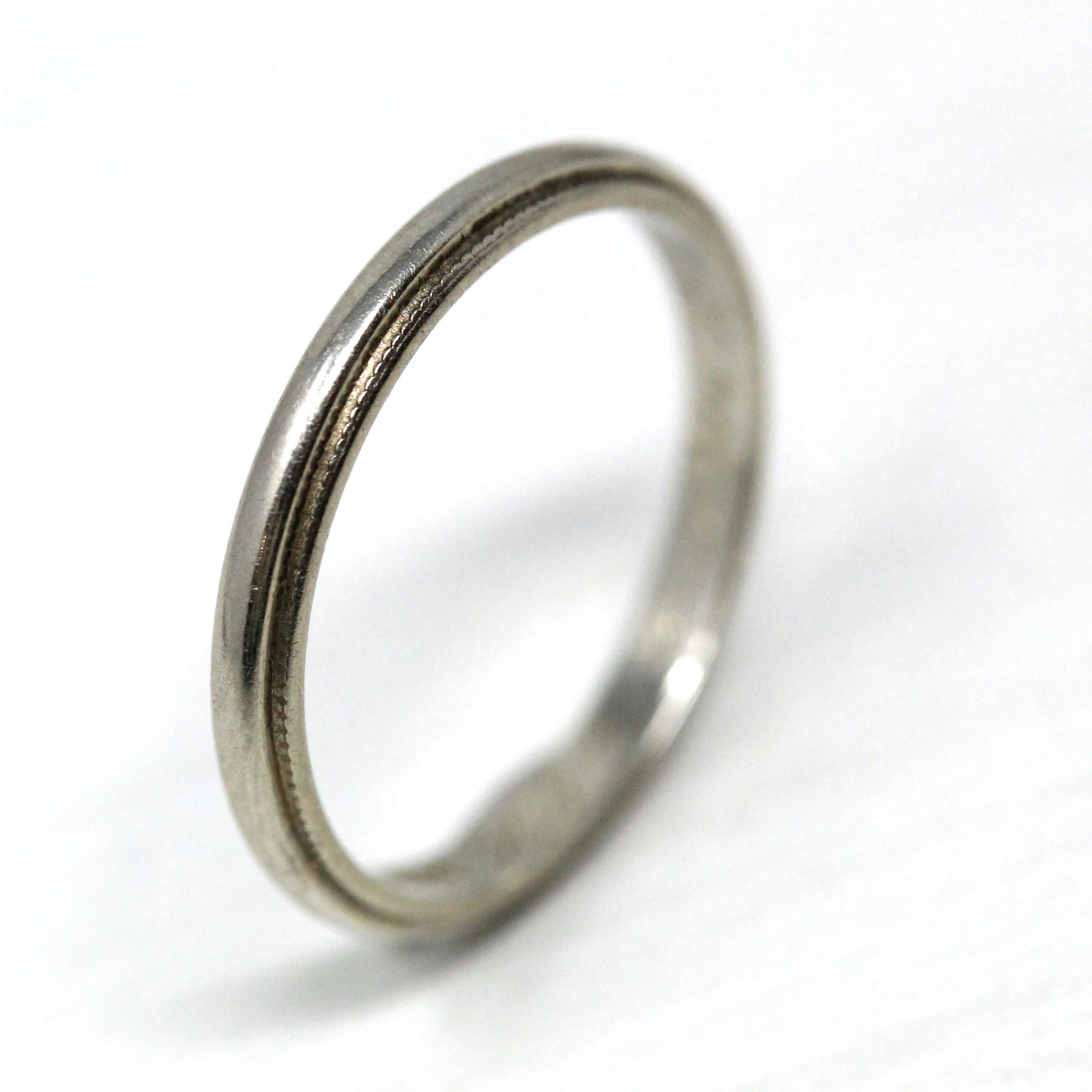 Vintage Wedding Band - Mid Century 14k White Gold Milgrain Plain Stacking Ring with Inscription - Circa late 40s Size 6 Bridal Fine Jewelry