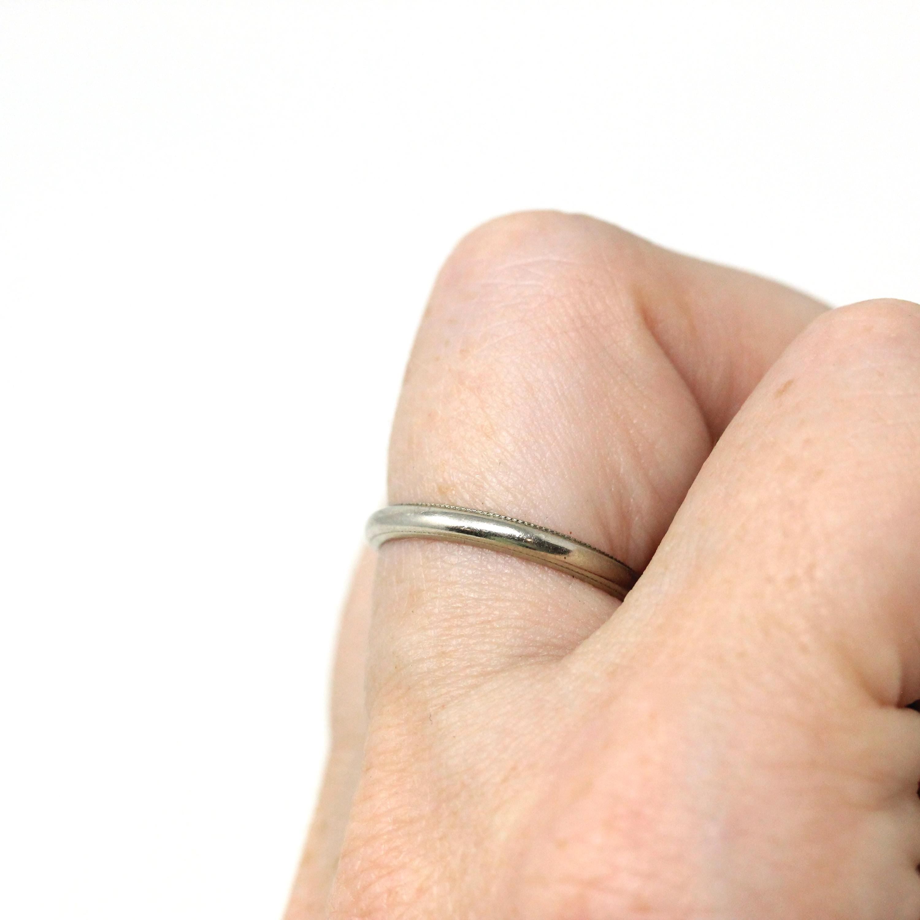 Vintage Wedding Band - Mid Century 14k White Gold Milgrain Plain Stacking Ring with Inscription - Circa late 40s Size 6 Bridal Fine Jewelry