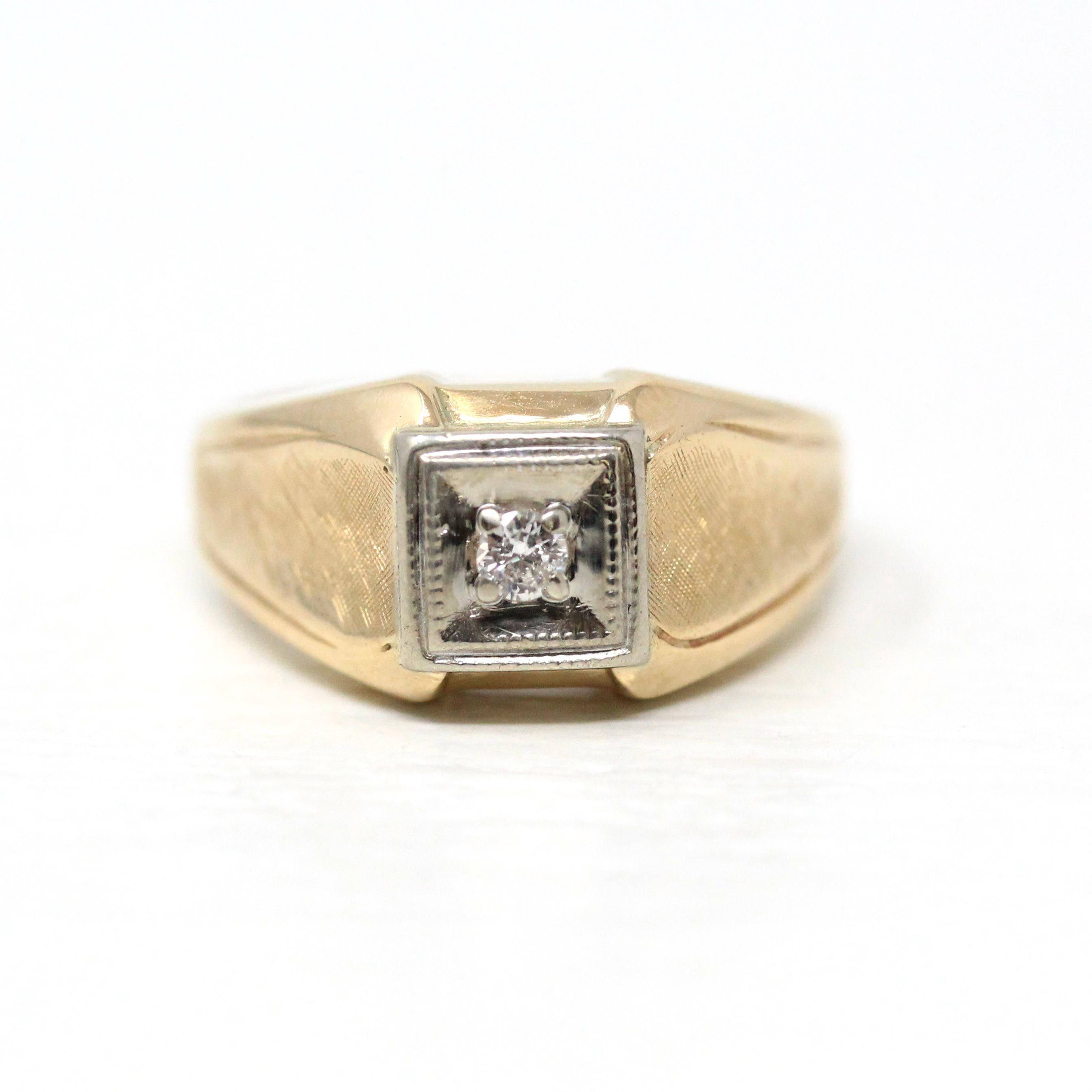 Vintage Diamond Ring - Retro 10k Yellow & White Gold Genuine Gemstone Men's Unisex Wedding Band - Circa 1970s Era Size 9 1/2 Fine Jewelry