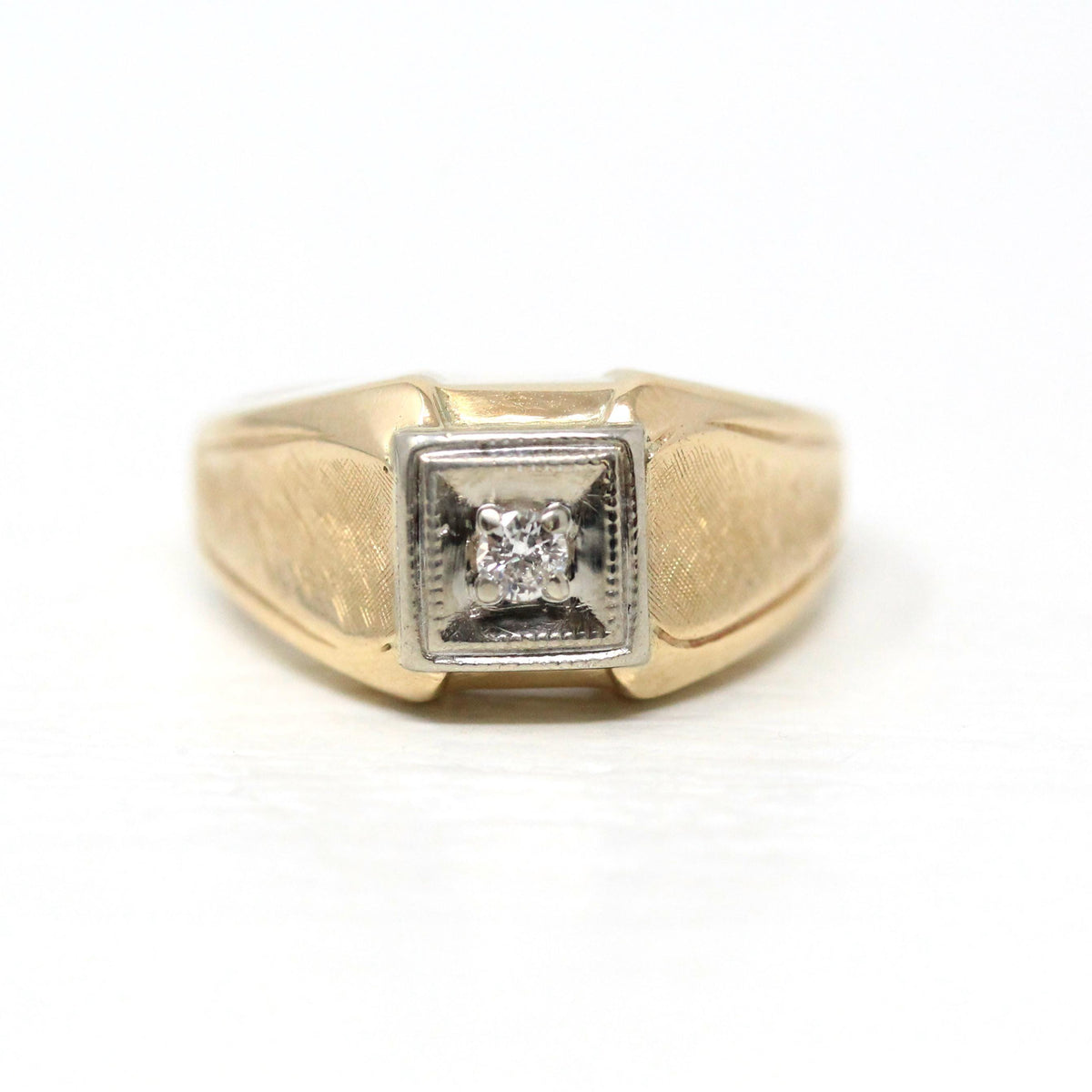 Vintage Diamond Ring - Retro 10k Yellow & White Gold Natural Gemstone Men's Unisex Wedding Band - Circa 1970s Era Size 9 1/2 Fine Jewelry