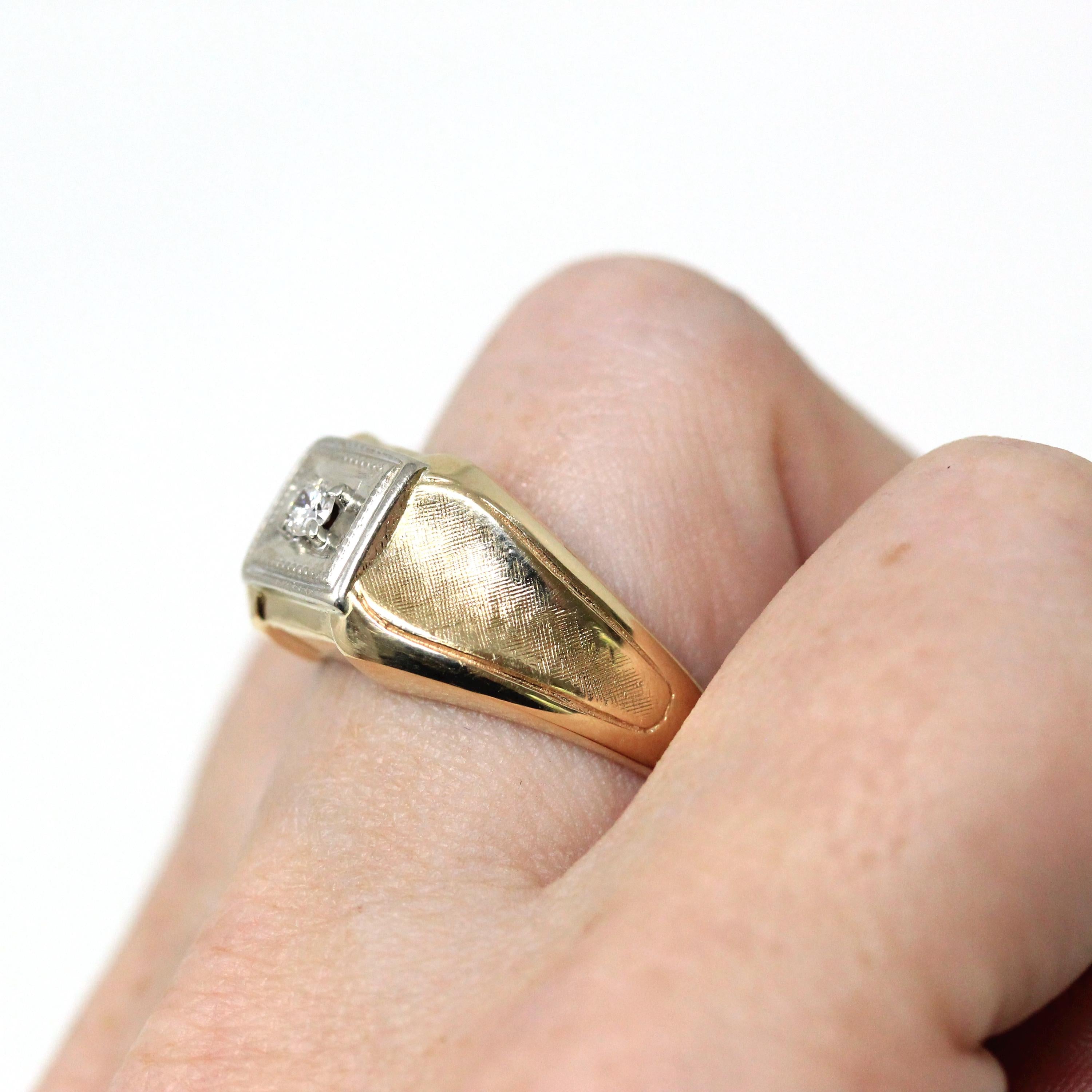 Vintage Diamond Ring - Retro 10k Yellow & White Gold Genuine Gemstone Men's Unisex Wedding Band - Circa 1970s Era Size 9 1/2 Fine Jewelry