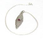 Art Deco Necklace - Vintage 10k White Gold Created Red Ruby Brooch Conversion Pendant - Circa 1930s Era Floral Filigree Fine 30s Jewelry