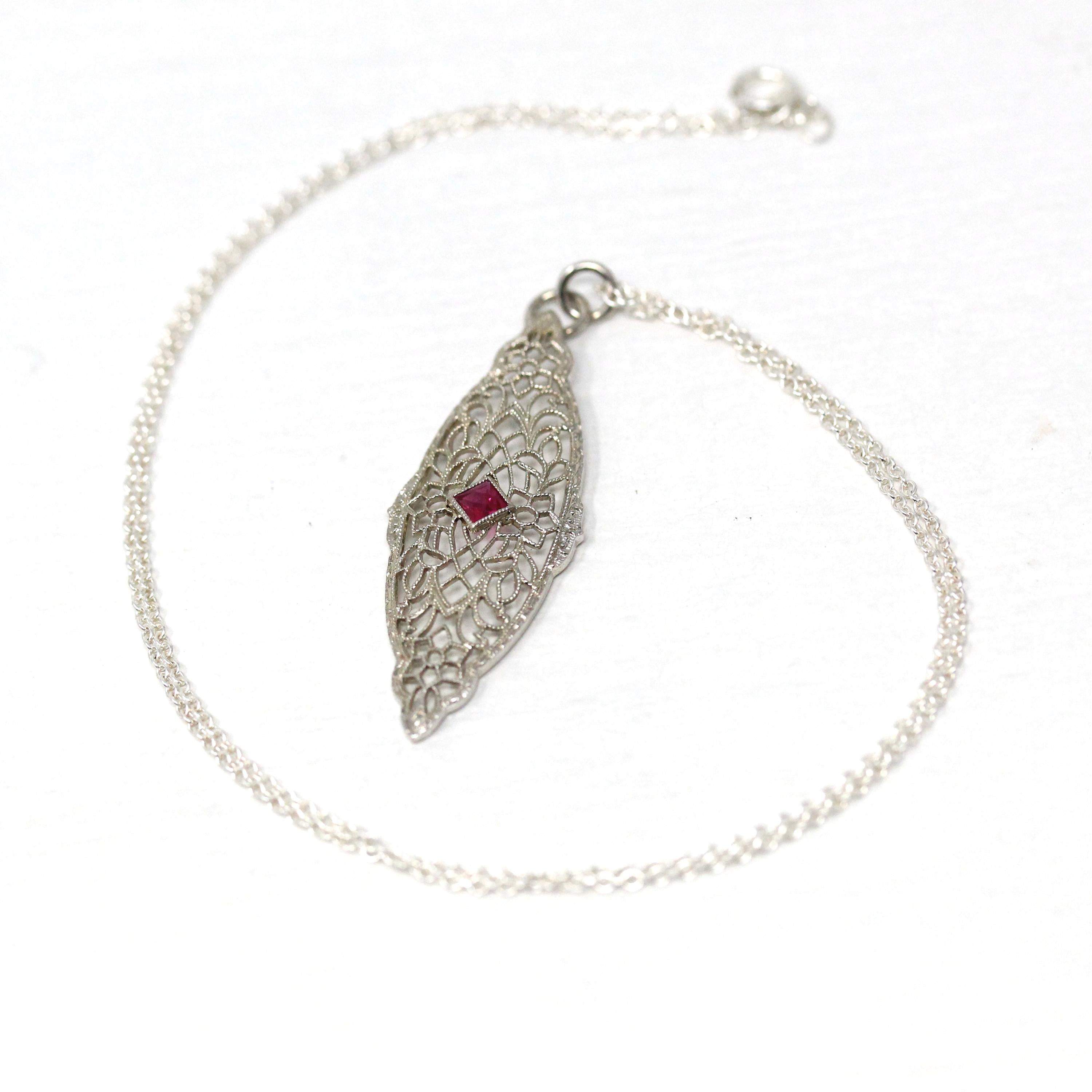 Art Deco Necklace - Vintage 10k White Gold Created Red Ruby Brooch Conversion Pendant - Circa 1930s Era Floral Filigree Fine 30s Jewelry