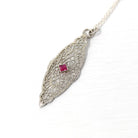 Art Deco Necklace - Vintage 10k White Gold Created Red Ruby Brooch Conversion Pendant - Circa 1930s Era Floral Filigree Fine 30s Jewelry