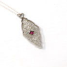 Art Deco Necklace - Vintage 10k White Gold Created Red Ruby Brooch Conversion Pendant - Circa 1930s Era Floral Filigree Fine 30s Jewelry