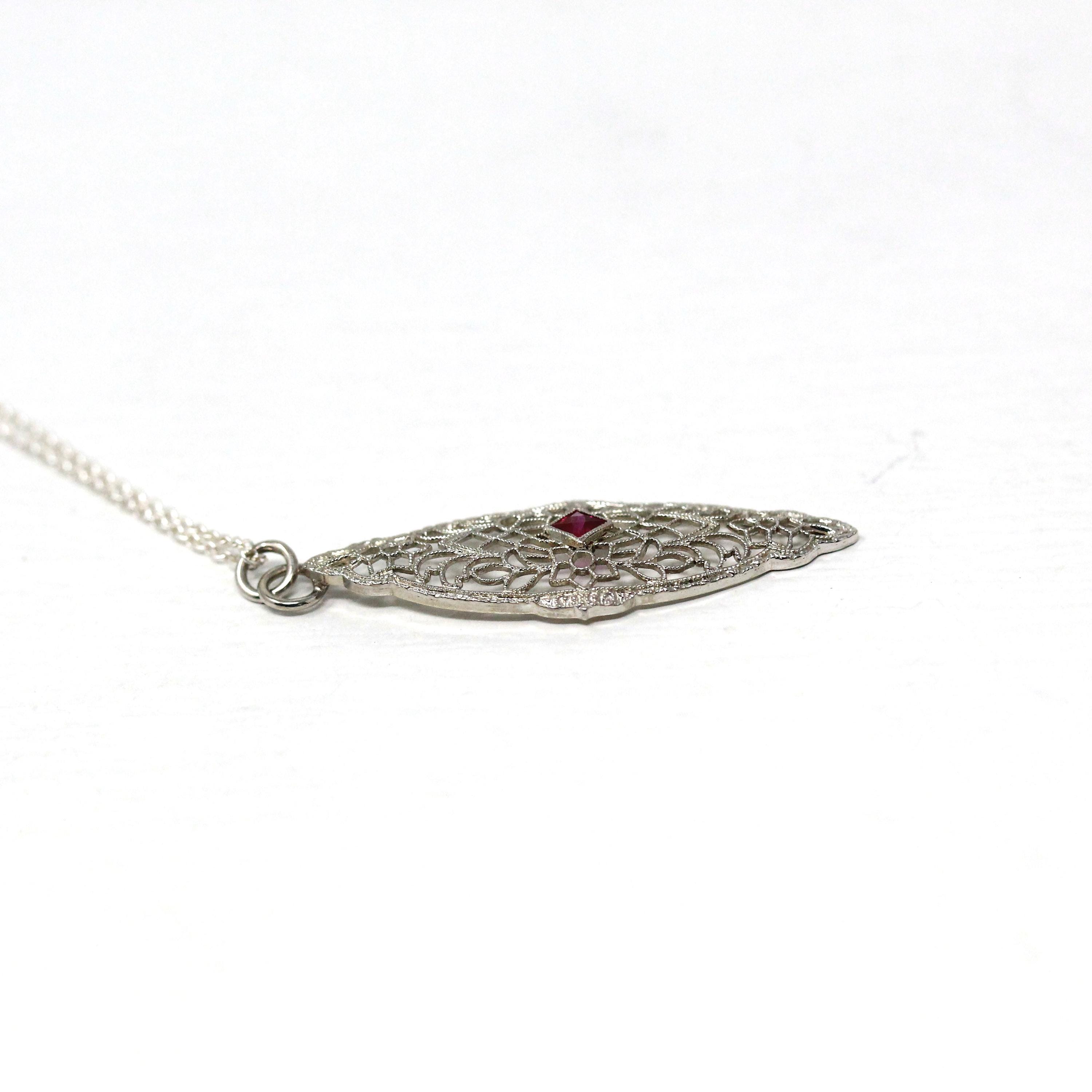 Art Deco Necklace - Vintage 10k White Gold Created Red Ruby Brooch Conversion Pendant - Circa 1930s Era Floral Filigree Fine 30s Jewelry