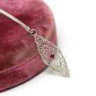 Art Deco Necklace - Vintage 10k White Gold Created Red Ruby Brooch Conversion Pendant - Circa 1930s Era Floral Filigree Fine 30s Jewelry