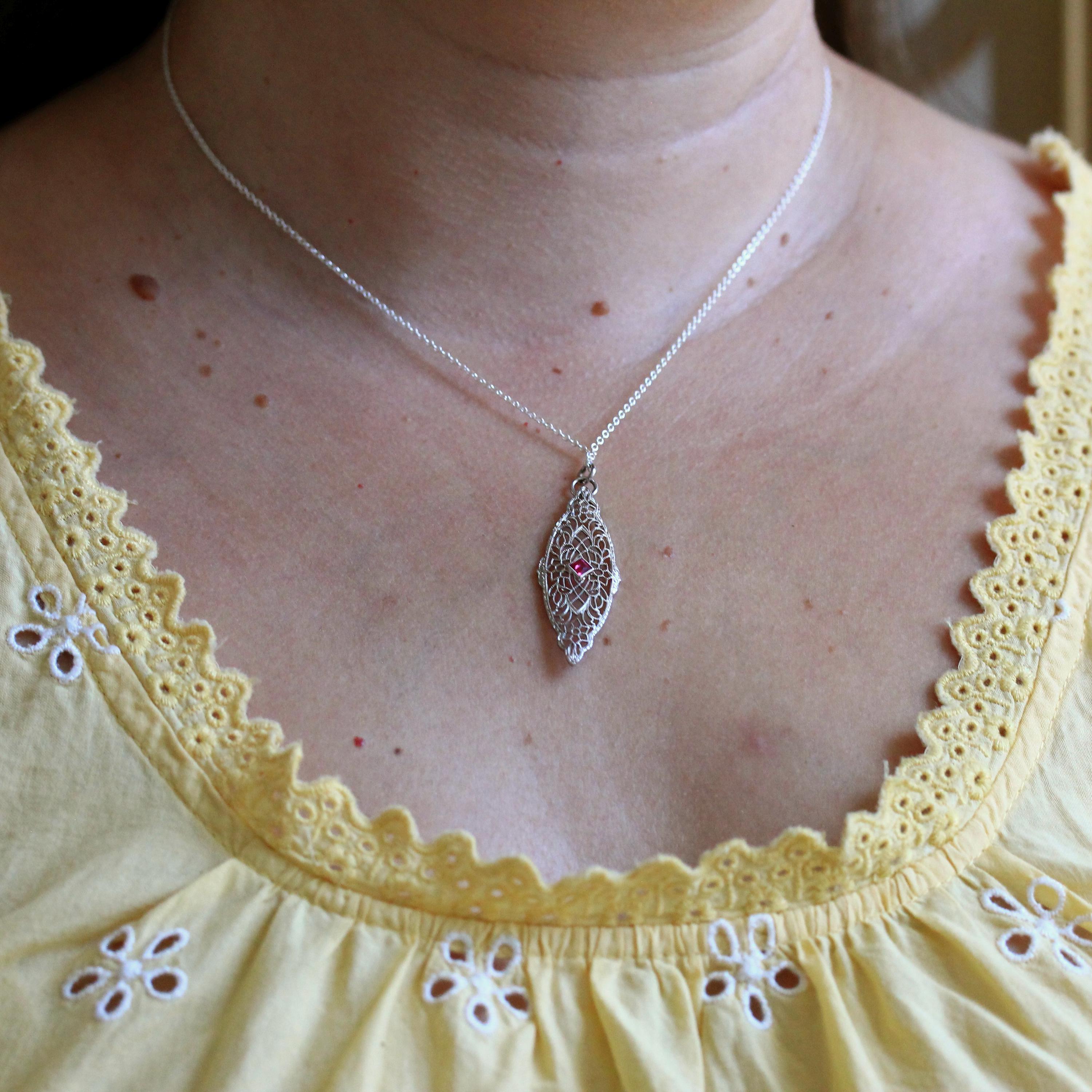 Art Deco Necklace - Vintage 10k White Gold Created Red Ruby Brooch Conversion Pendant - Circa 1930s Era Floral Filigree Fine 30s Jewelry
