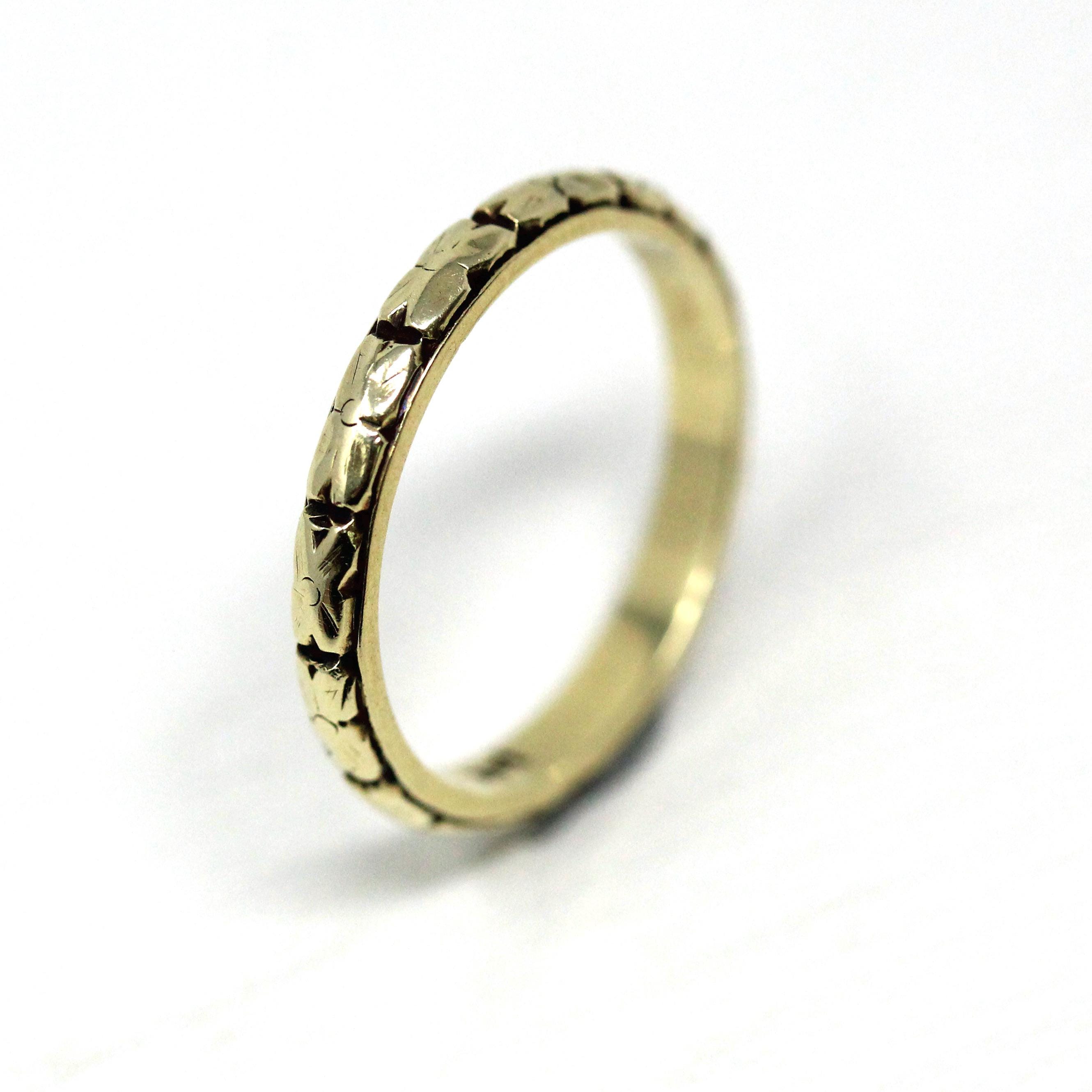 Art Deco Wedding Band - Vintage 14k Yellow Gold Orange Blossom Eternity Designs Ring - Circa 1930s Size 5 3/4 Stacking Bridal Fine Jewelry