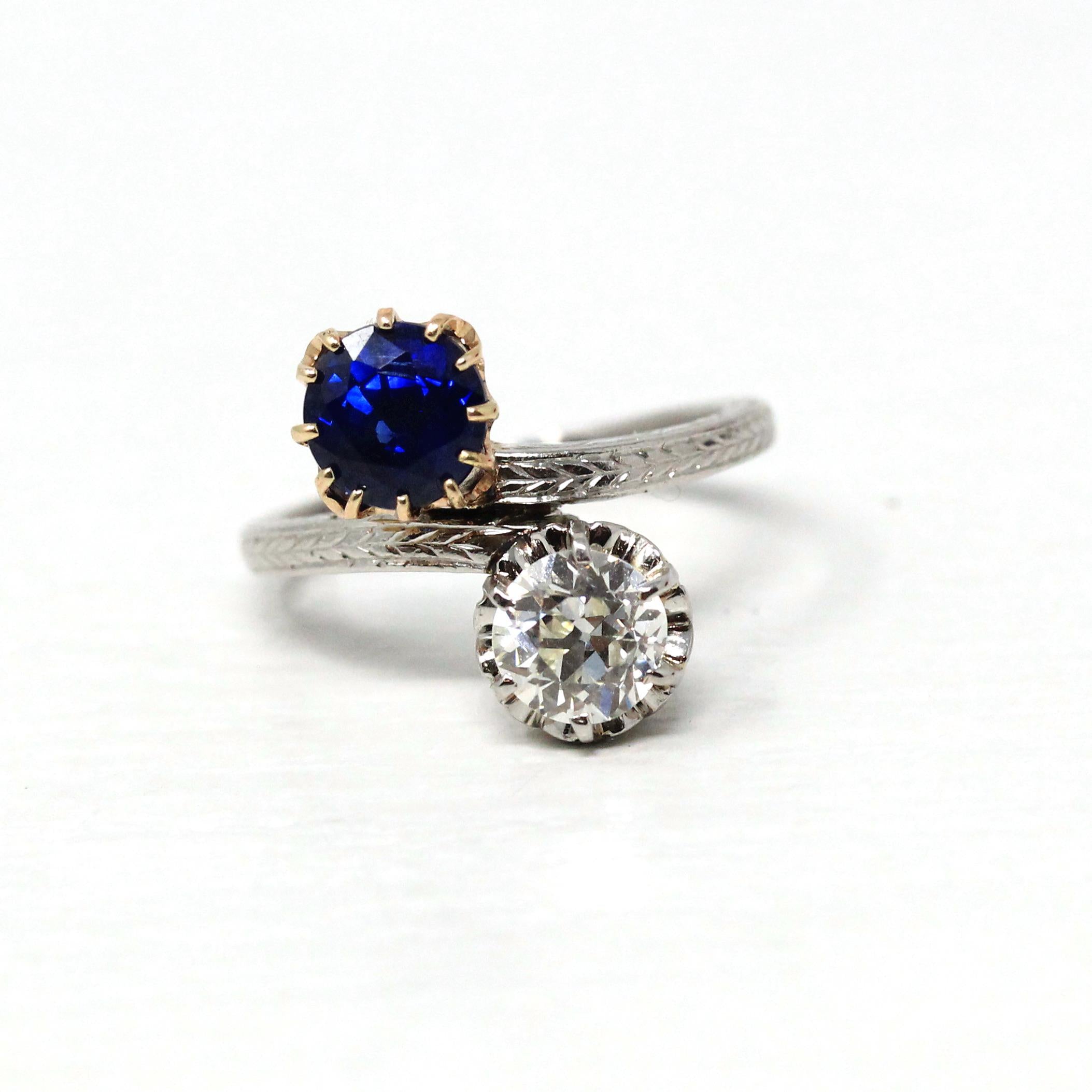 Antique Toi Et Moi Ring - Edwardian Era 18k Yellow Gold Platinum Sapphire Diamond Bypass - Vintage 1910s Size 5 1/4 Fine Jewelry w/ Report