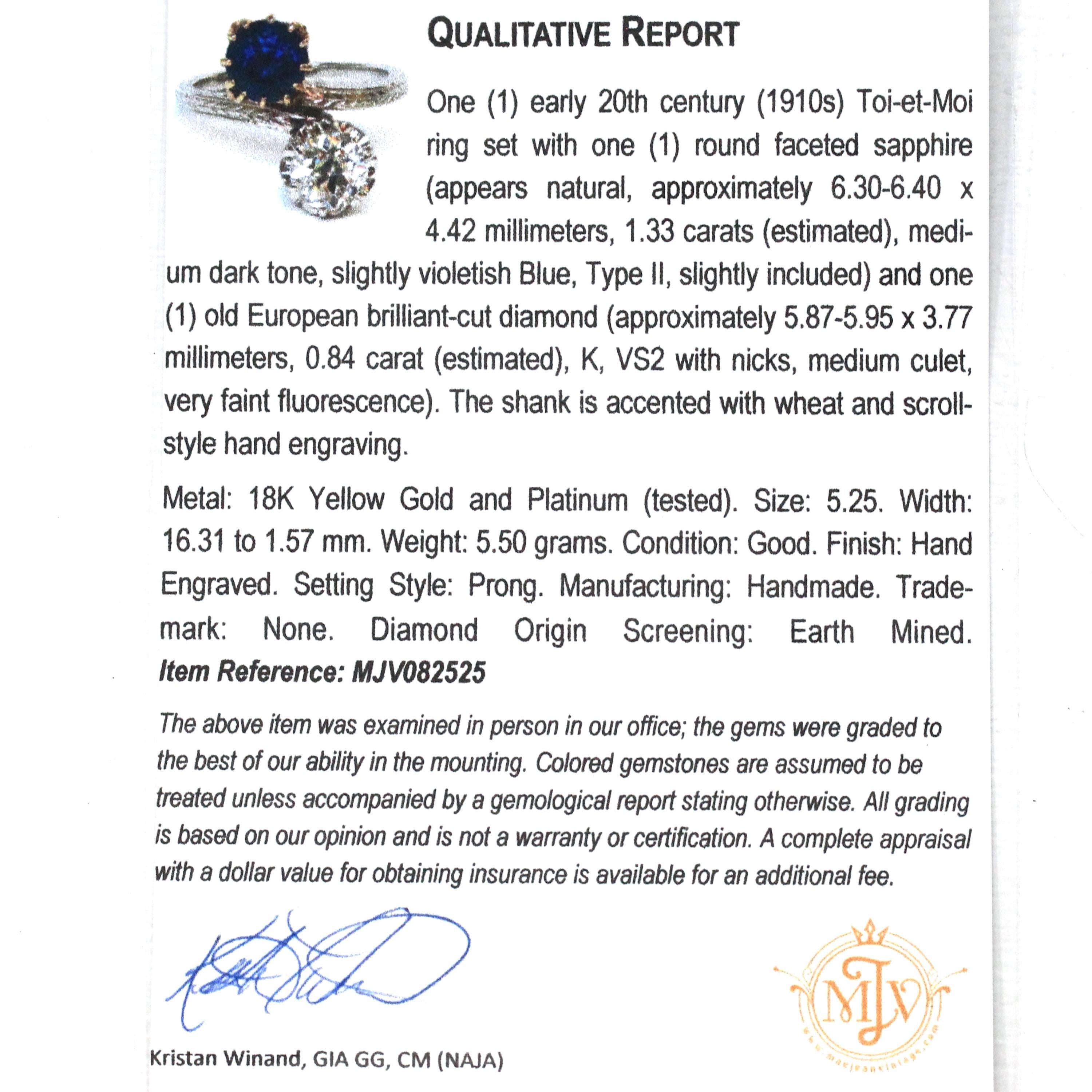 Antique Toi Et Moi Ring - Edwardian Era 18k Yellow Gold Platinum Sapphire Diamond Bypass - Vintage 1910s Size 5 1/4 Fine Jewelry w/ Report