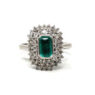 Modern Halo Ring - Estate 14k White Gold Created Emerald Diamond Engagement - Circa 1990s Era Size 4 1/2 May Birthstone Fine 90's Jewelry