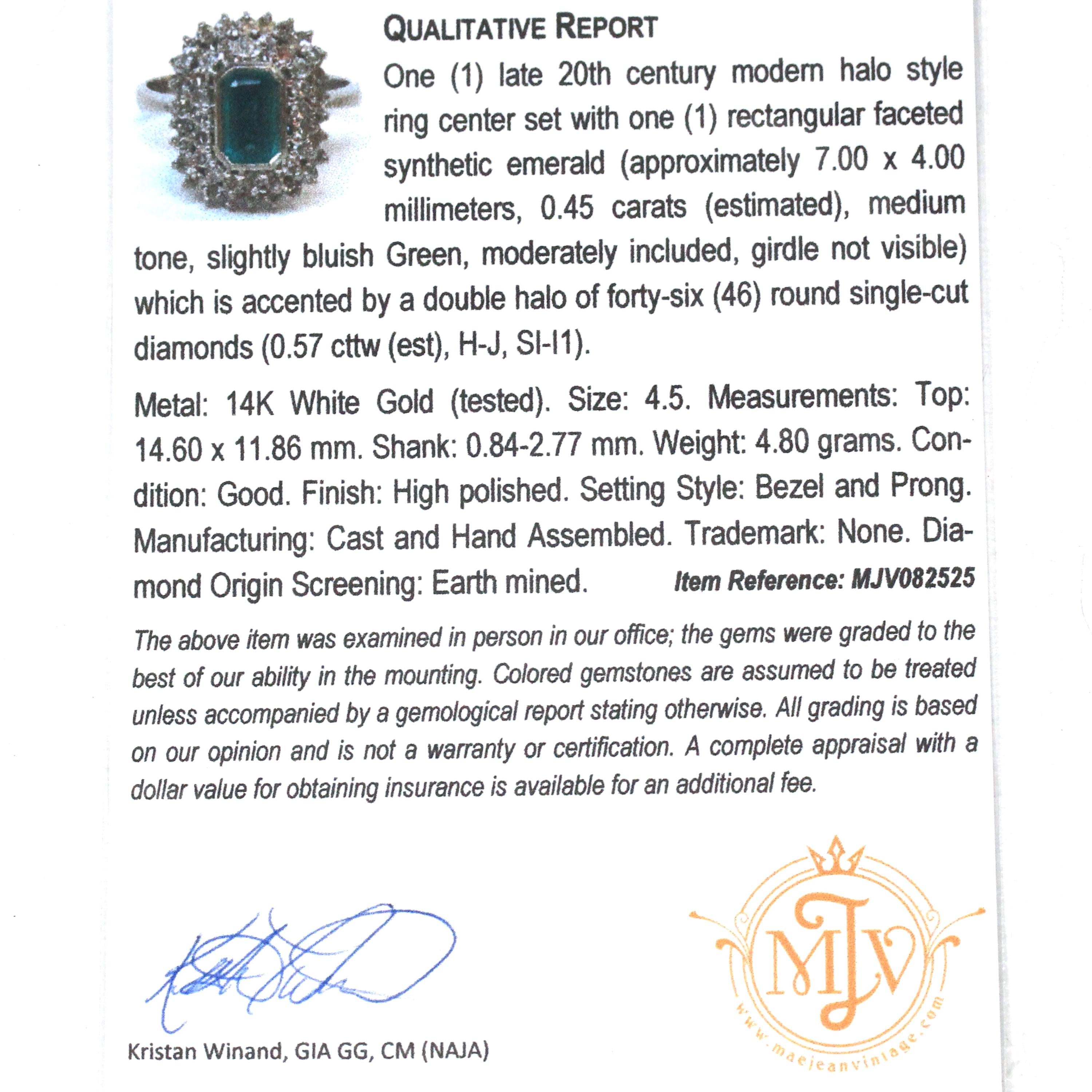 Modern Halo Ring - Estate 14k White Gold Created Emerald Diamond Engagement - Circa 1990s Era Size 4 1/2 May Birthstone Fine 90's Jewelry