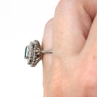 Modern Halo Ring - Estate 14k White Gold Created Emerald Diamond Engagement - Circa 1990s Era Size 4 1/2 May Birthstone Fine 90's Jewelry
