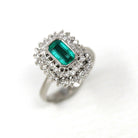 Modern Halo Ring - Estate 14k White Gold Created Emerald Diamond Engagement - Circa 1990s Era Size 4 1/2 May Birthstone Fine 90's Jewelry