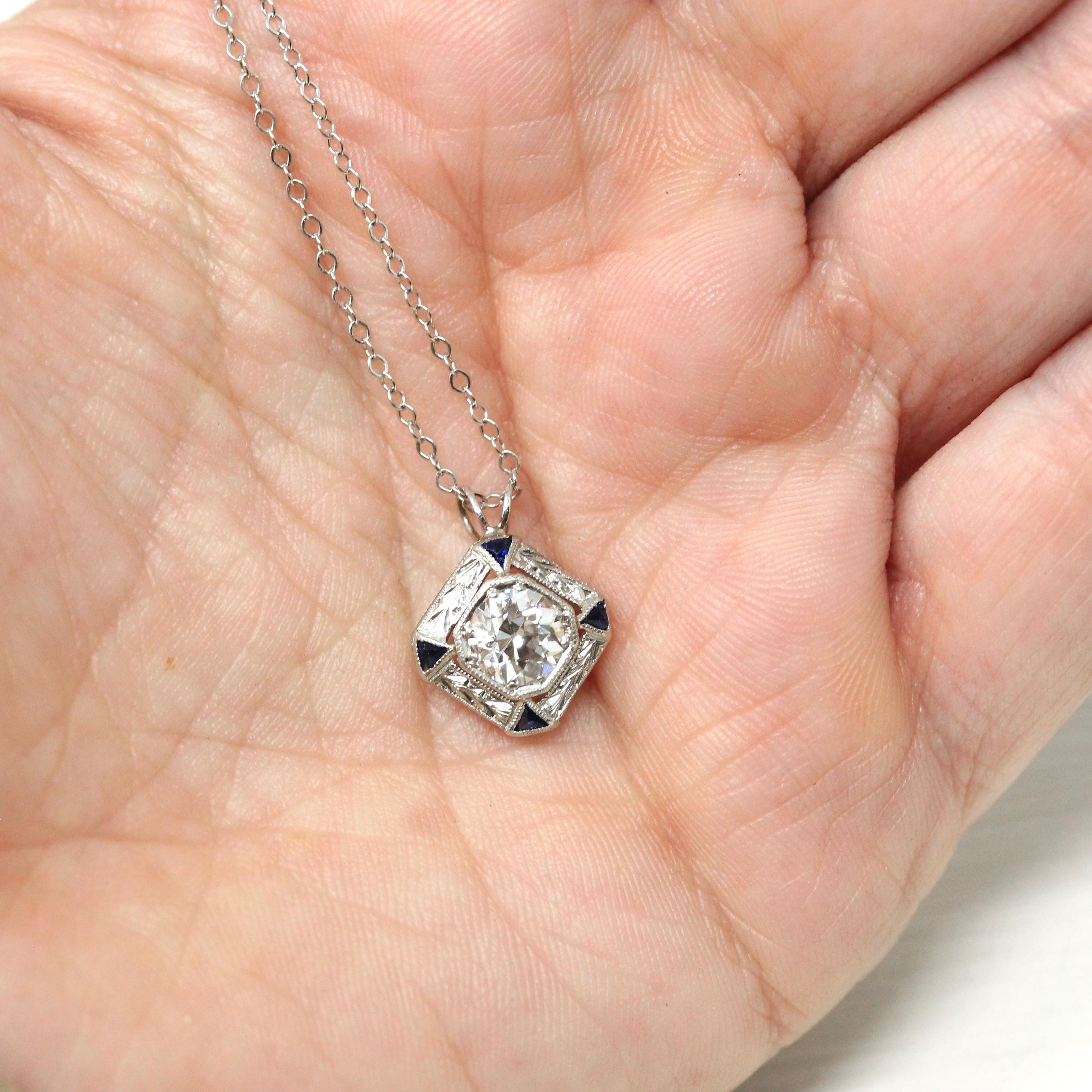 Art Deco Diamond Necklace - Antique Platinum Genuine Old European Diamond Created Sapphire Pendant - Vintage 1920s Era Dainty Fine Jewelry