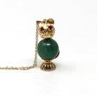 Gemstone Cat Charm - Retro Era 10k Yellow Gold Genuine Aventurine Bead Pendant - Circa 1970s Assembled Kitty Fine Figural Feline Jewelry