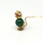 Gemstone Cat Charm - Retro Era 10k Yellow Gold Genuine Aventurine Bead Pendant - Circa 1970s Assembled Kitty Fine Figural Feline Jewelry