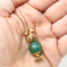 Gemstone Cat Charm - Retro Era 10k Yellow Gold Genuine Aventurine Bead Pendant - Circa 1970s Assembled Kitty Fine Figural Feline Jewelry