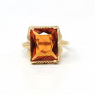 Simulated Citrine Ring - Retro 10k Yellow Gold Rectangular Faceted Orange Glass Stone - Circa 1940s Era Size 6 Fine New Old Stock Jewelry