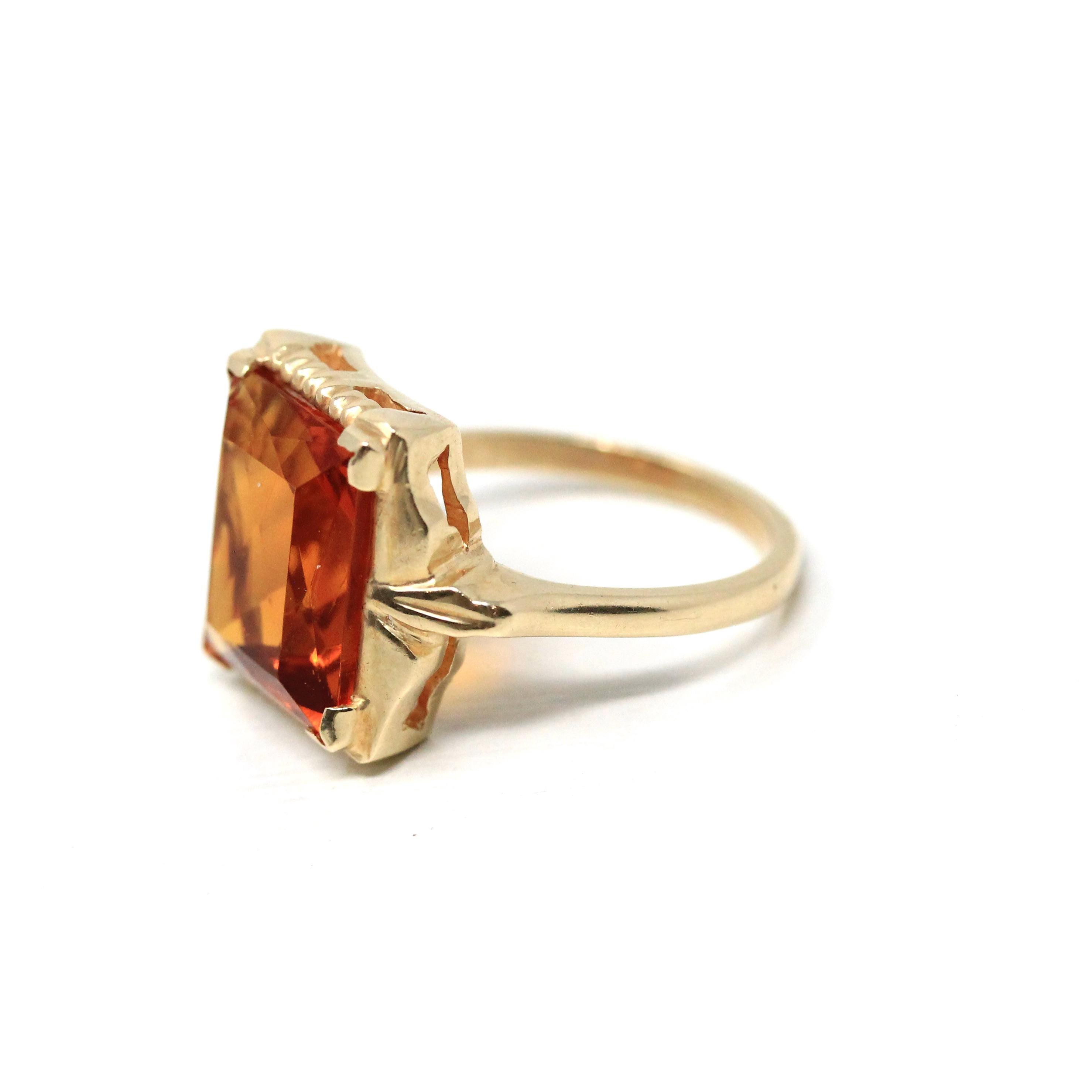 Simulated Citrine Ring - Retro 10k Yellow Gold Rectangular Faceted Orange Glass Stone - Circa 1940s Era Size 6 Fine New Old Stock Jewelry
