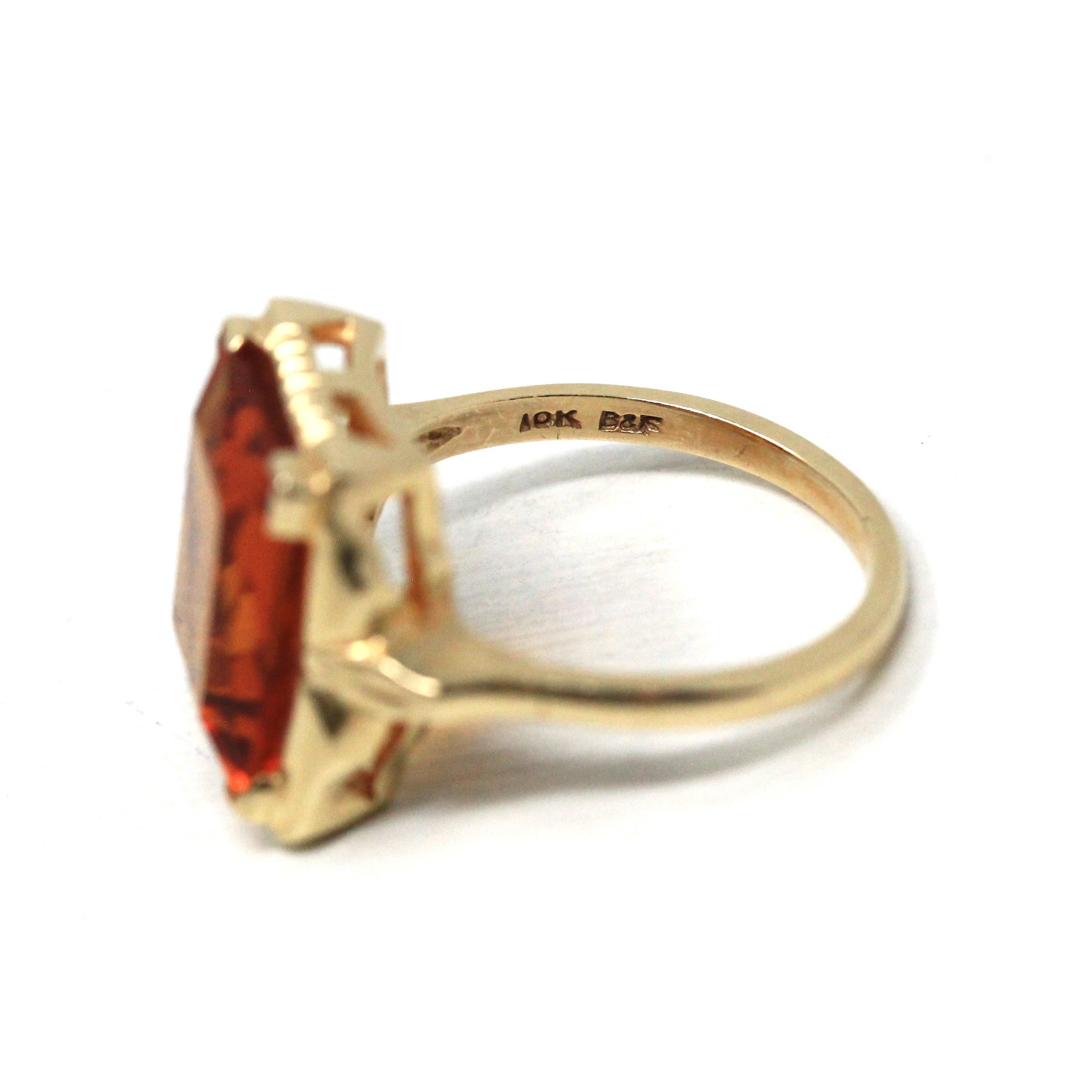 Simulated Citrine Ring - Retro 10k Yellow Gold Rectangular Faceted Orange Glass Stone - Circa 1940s Era Size 6 Fine New Old Stock Jewelry