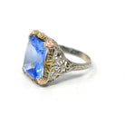Antique Filigree Ring - Art Deco Era 10k Tri Color Gold Filigree Setting Simulated Sapphire Stone - Circa 1930s Size 5 1/2 Fine Jewelry