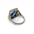 Antique Filigree Ring - Art Deco Era 10k Tri Color Gold Filigree Setting Simulated Sapphire Stone - Circa 1930s Size 5 1/2 Fine Jewelry