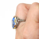 Antique Filigree Ring - Art Deco Era 10k Tri Color Gold Filigree Setting Simulated Sapphire Stone - Circa 1930s Size 5 1/2 Fine Jewelry