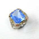 Antique Filigree Ring - Art Deco Era 10k Tri Color Gold Filigree Setting Simulated Sapphire Stone - Circa 1930s Size 5 1/2 Fine Jewelry