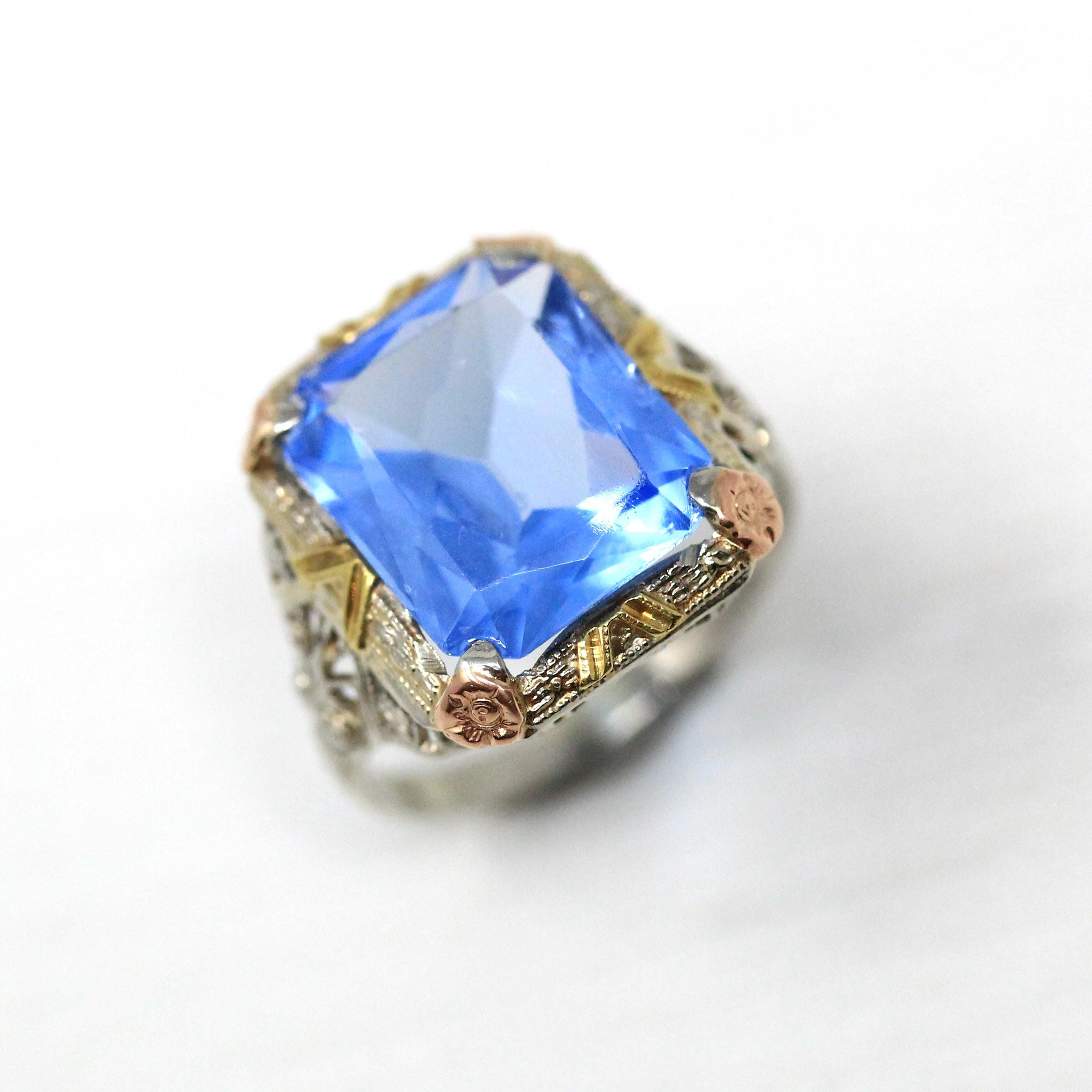 Antique Filigree Ring - Art Deco Era 10k Tri Color Gold Filigree Setting Simulated Sapphire Stone - Circa 1930s Size 5 1/2 Fine Jewelry