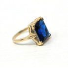 Simulated Sapphire Ring - Retro 10k Yellow Gold Rectangular Faceted Blue Glass Stone - Circa 1940s Era Size 5 3/4 Fine New Old Stock Jewelry