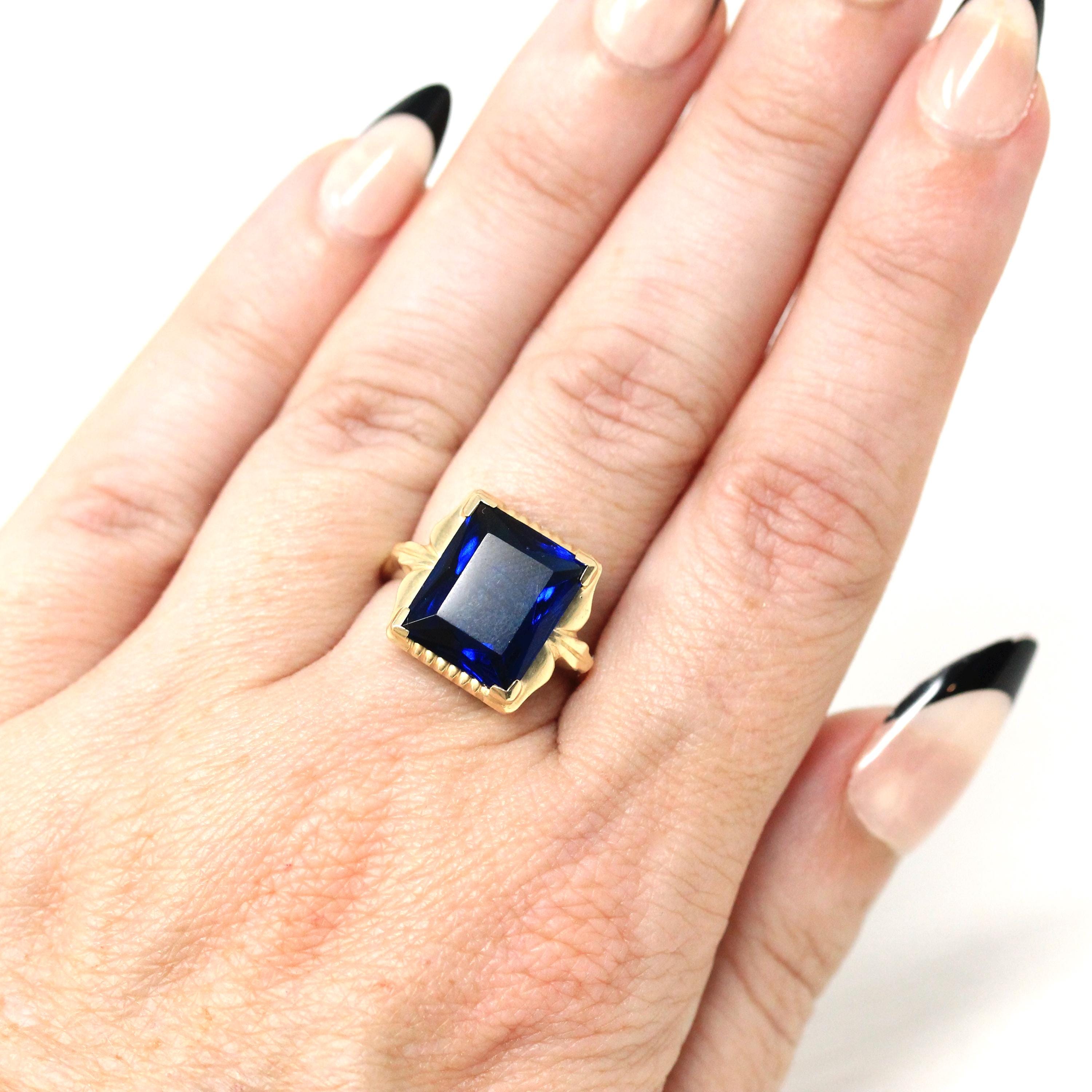 Simulated Sapphire Ring - Retro 10k Yellow Gold Rectangular Faceted Blue Glass Stone - Circa 1940s Era Size 5 3/4 Fine New Old Stock Jewelry