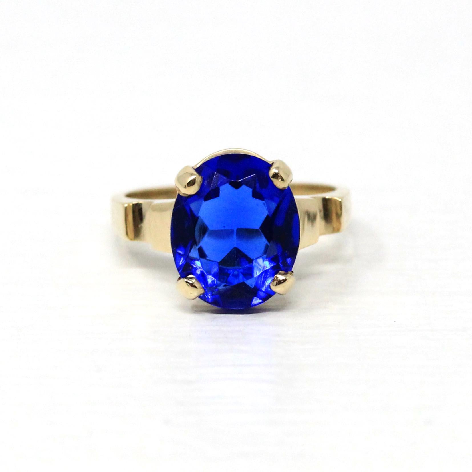 Retro Statement Ring - Vintage Era 10k Yellow Gold Oval Cut Simulated Sapphire Statement - Circa 1940s Size 6 Solitaire Glass Fine Jewelry