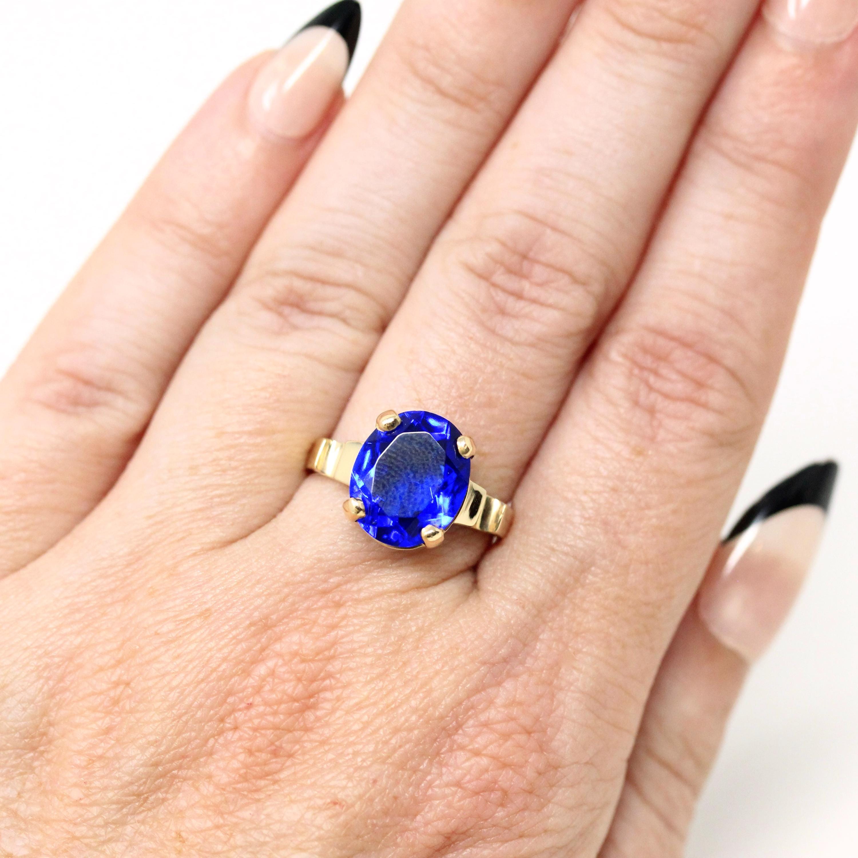 Retro Statement Ring - Vintage Era 10k Yellow Gold Oval Cut Simulated Sapphire Statement - Circa 1940s Size 6 Solitaire Glass Fine Jewelry
